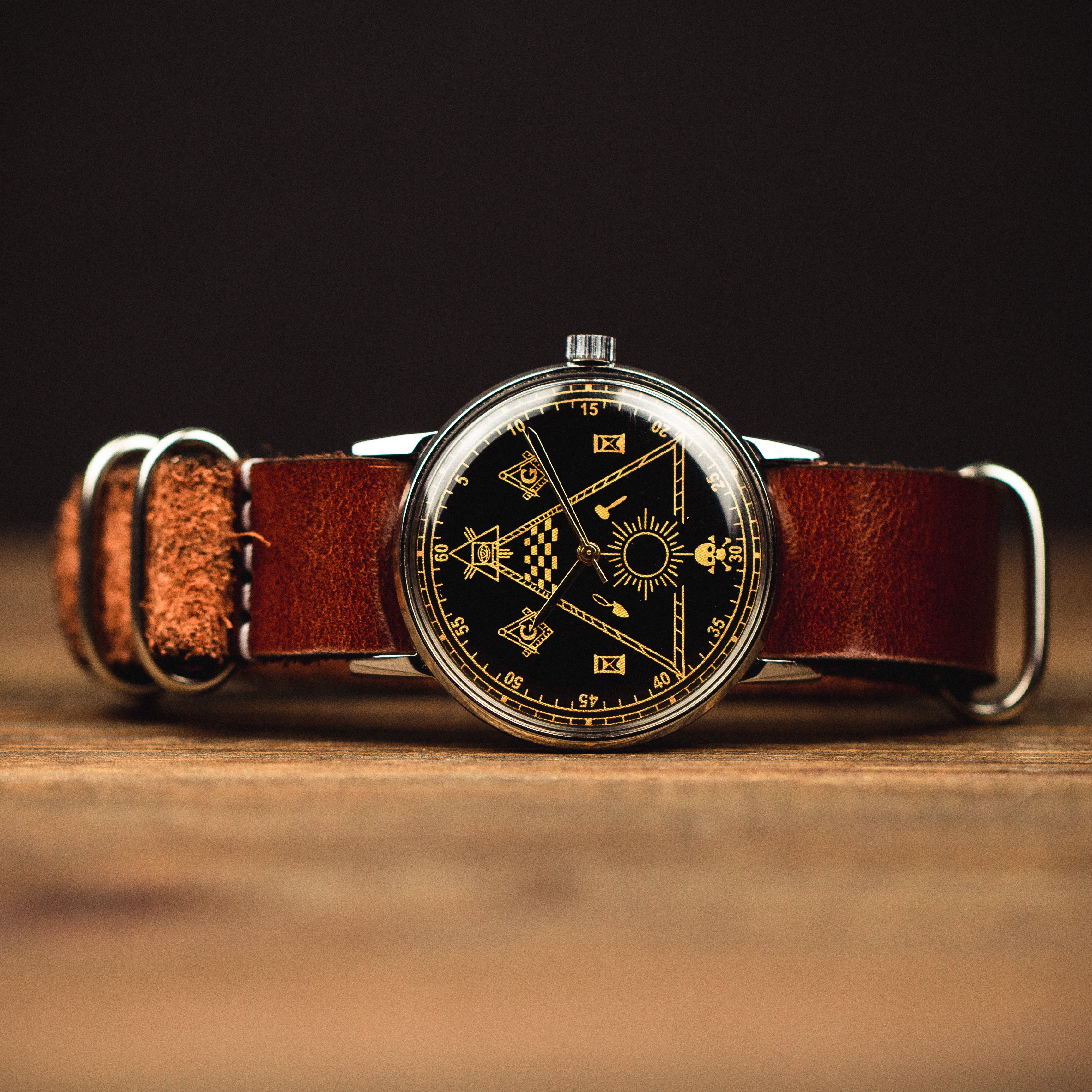 Very rare soviet vintage men's wrist watch Poljot - Masonic with leather nato strap