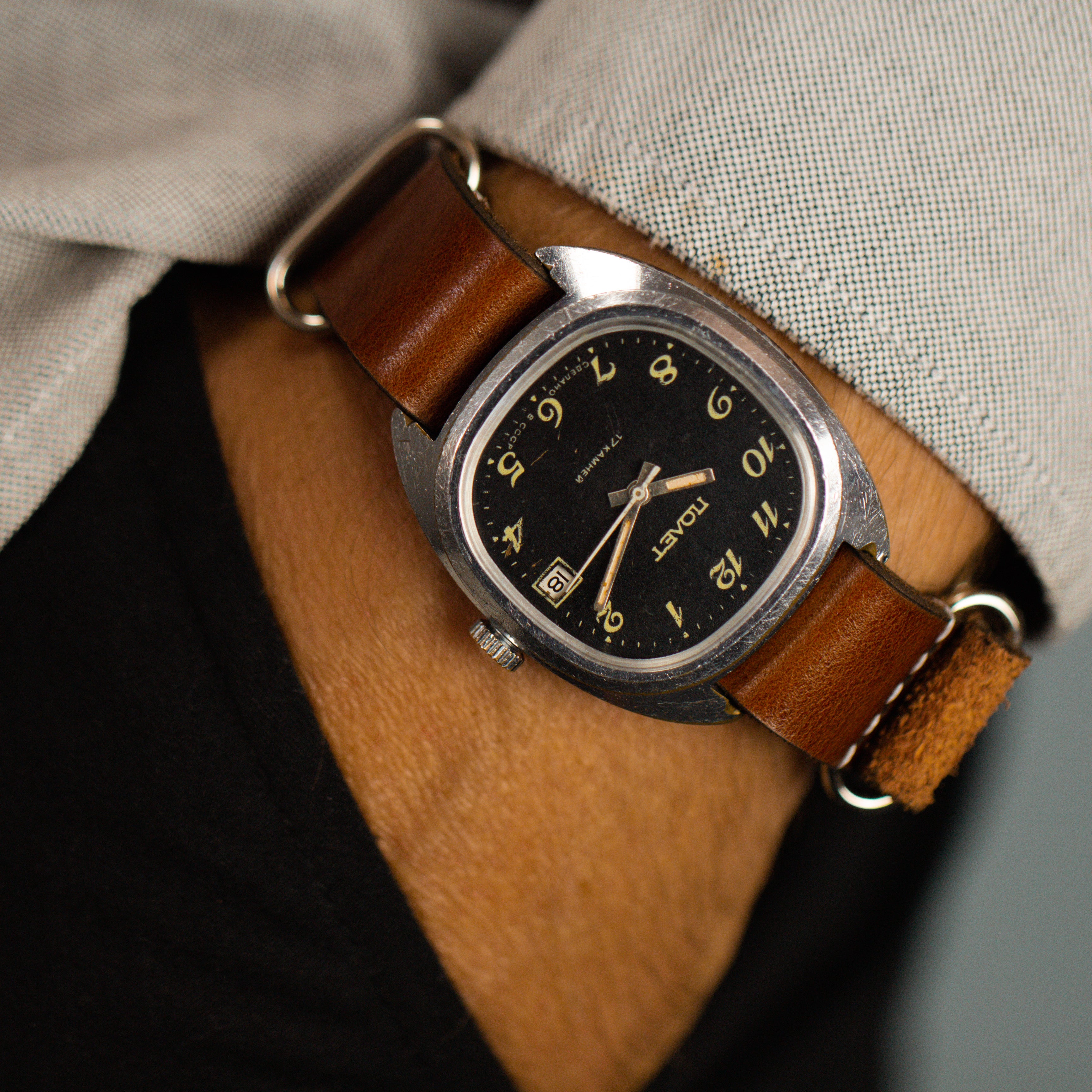 Soviet vintage rare watch for men Poljot de luxe with leather nato strap
