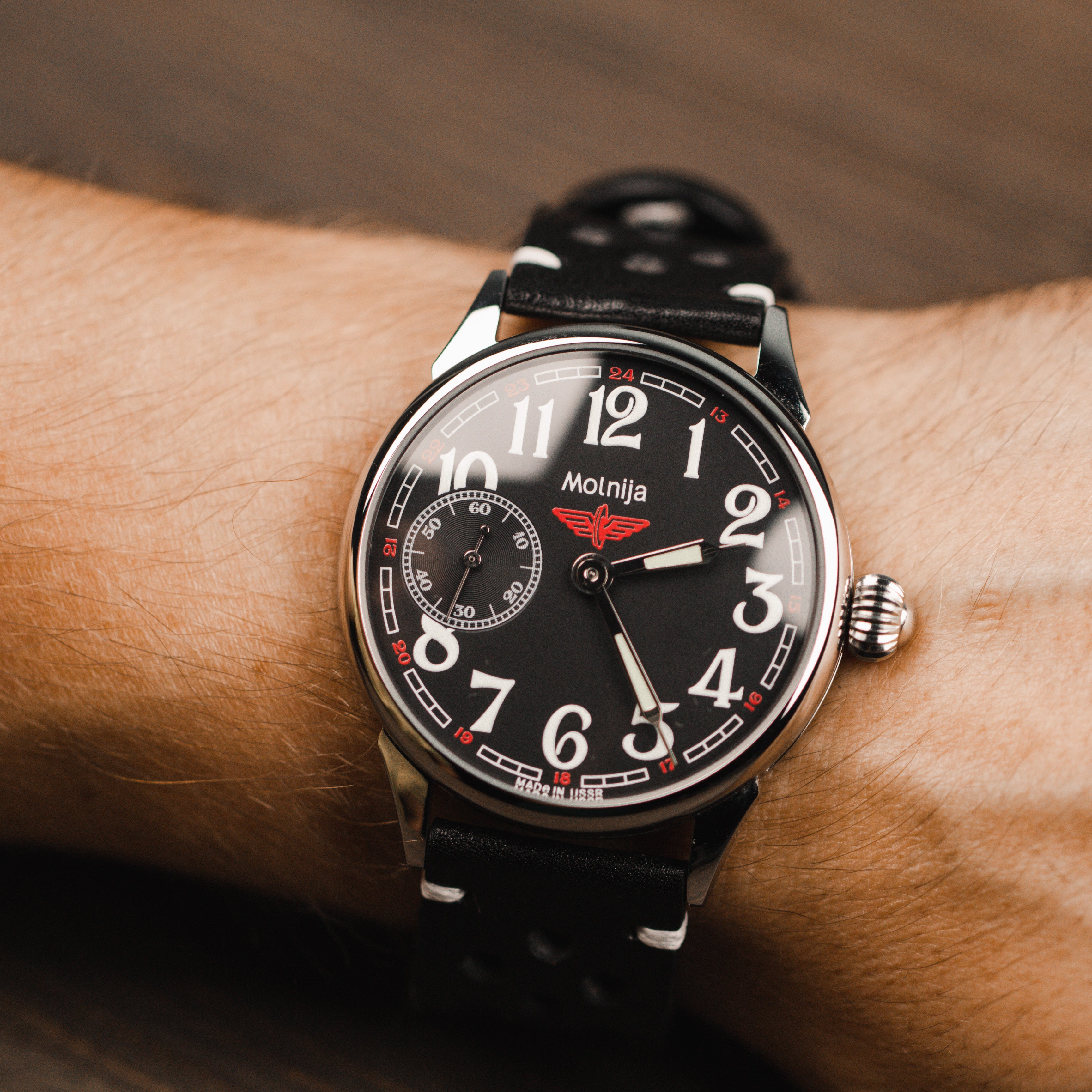 Very rare men's vintage soviet wrist watch Molnija with leather nato strap
