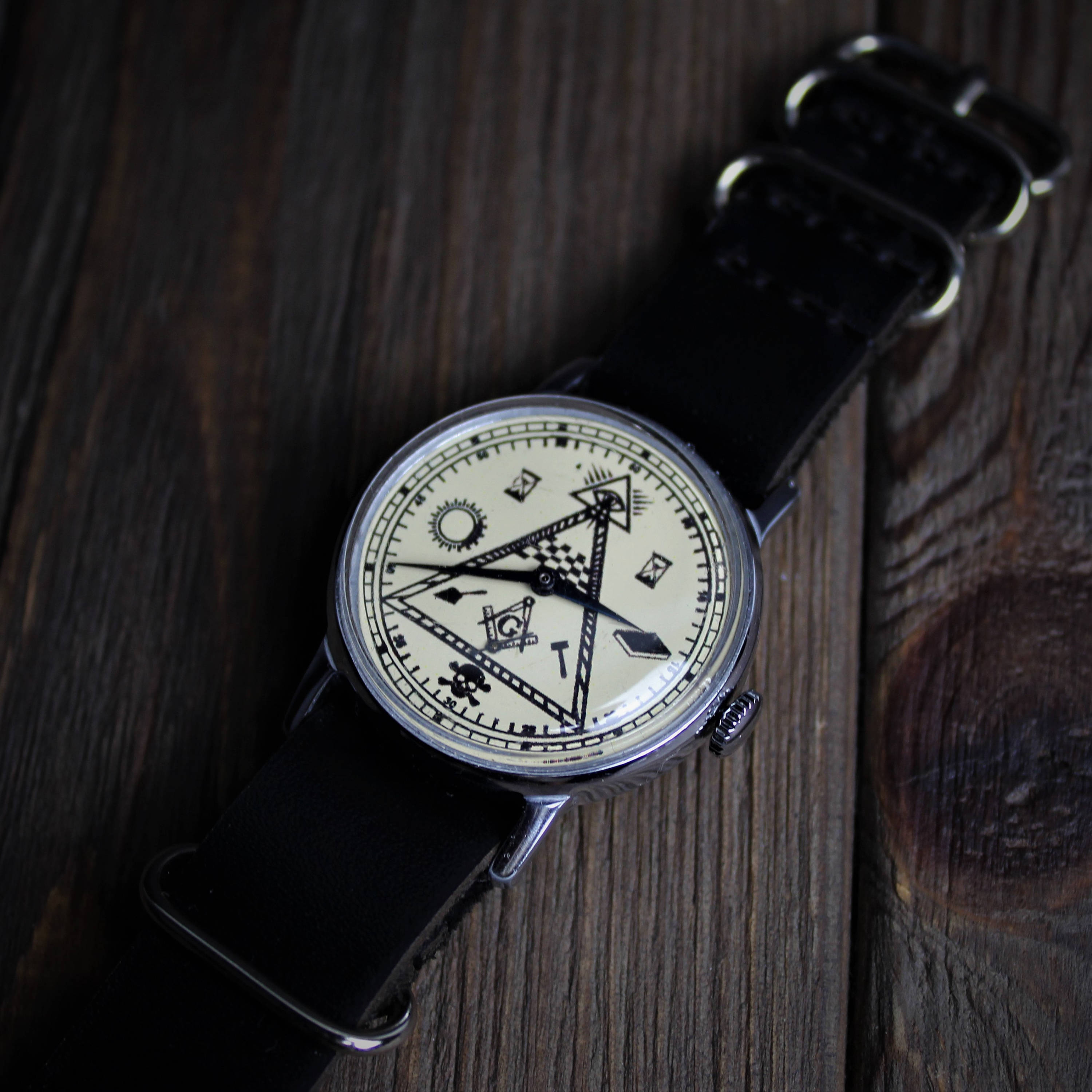 Rare vintage soviet men's mechanical watch Masonic with leather nato strap
