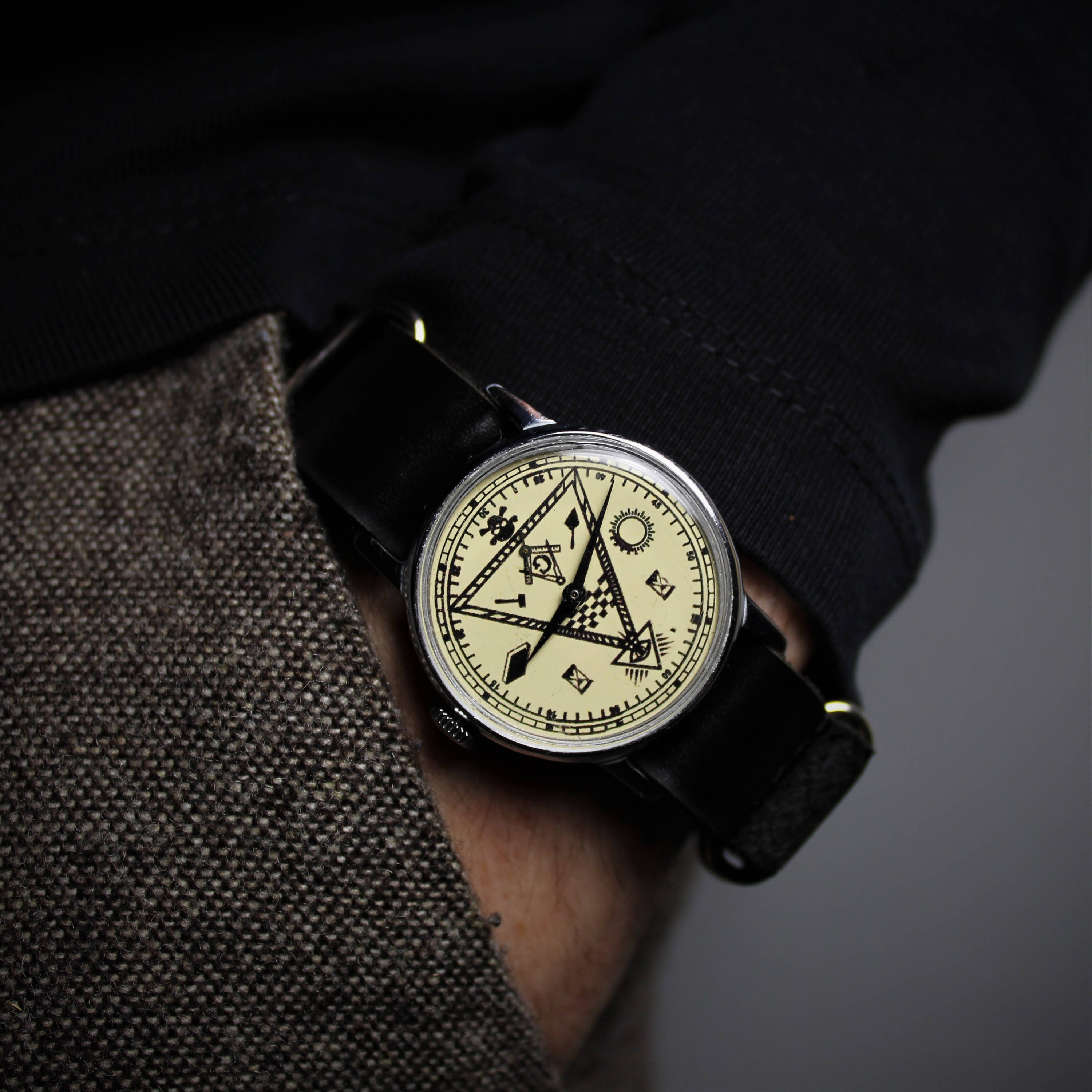 Rare vintage soviet men's mechanical watch Masonic with leather nato strap