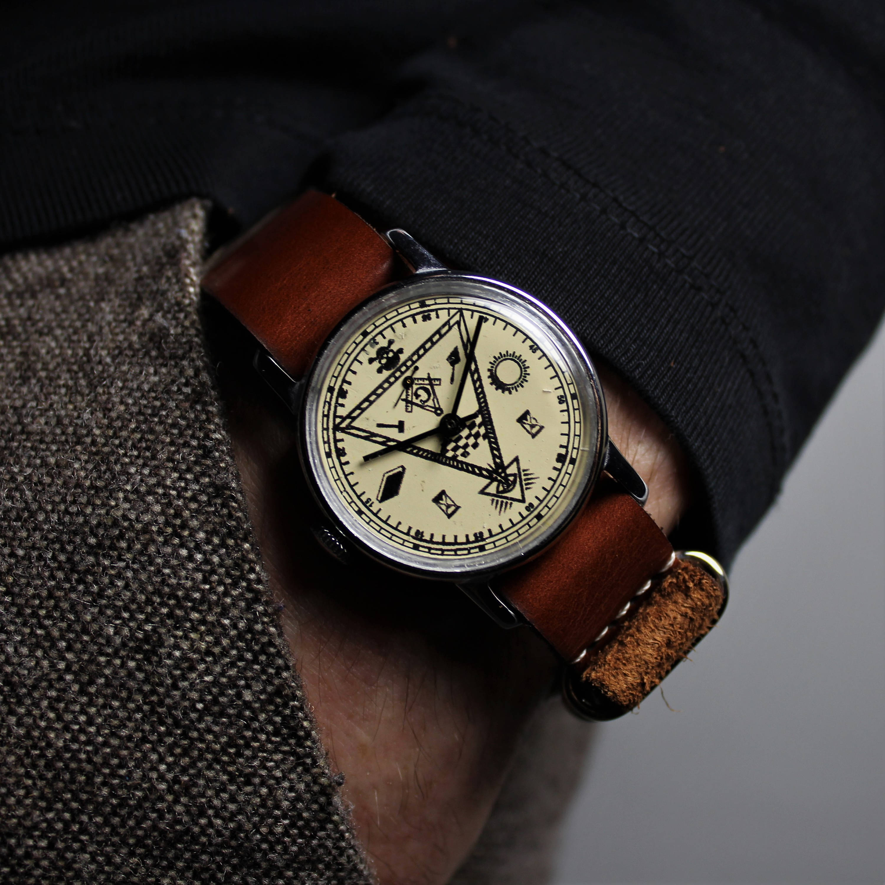 Vintage mechanical very rare soviet men's wrist watch Masonic with leather nato strap