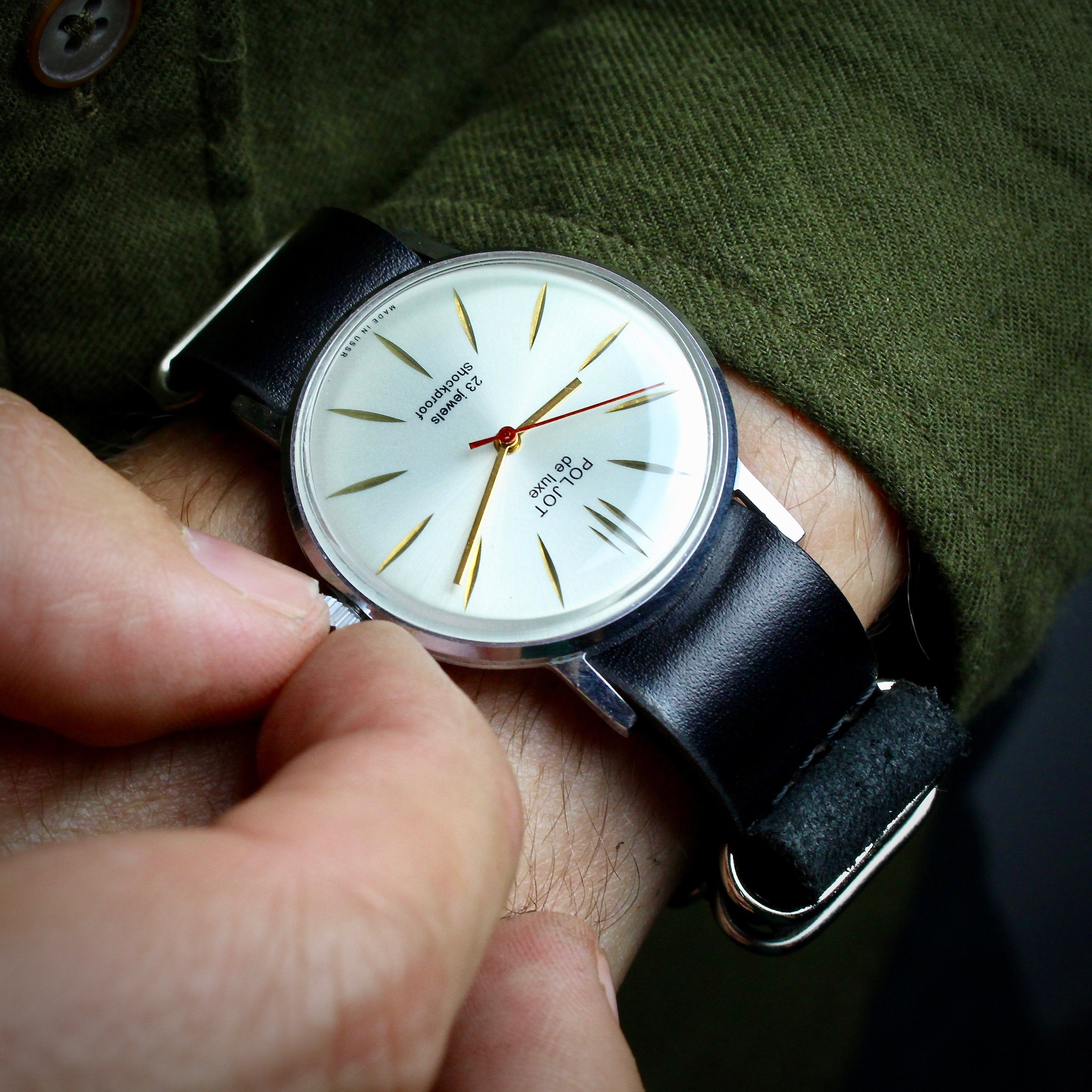 Mechanical soviet vintage men's watch Poljot de luxe with leather nato strap