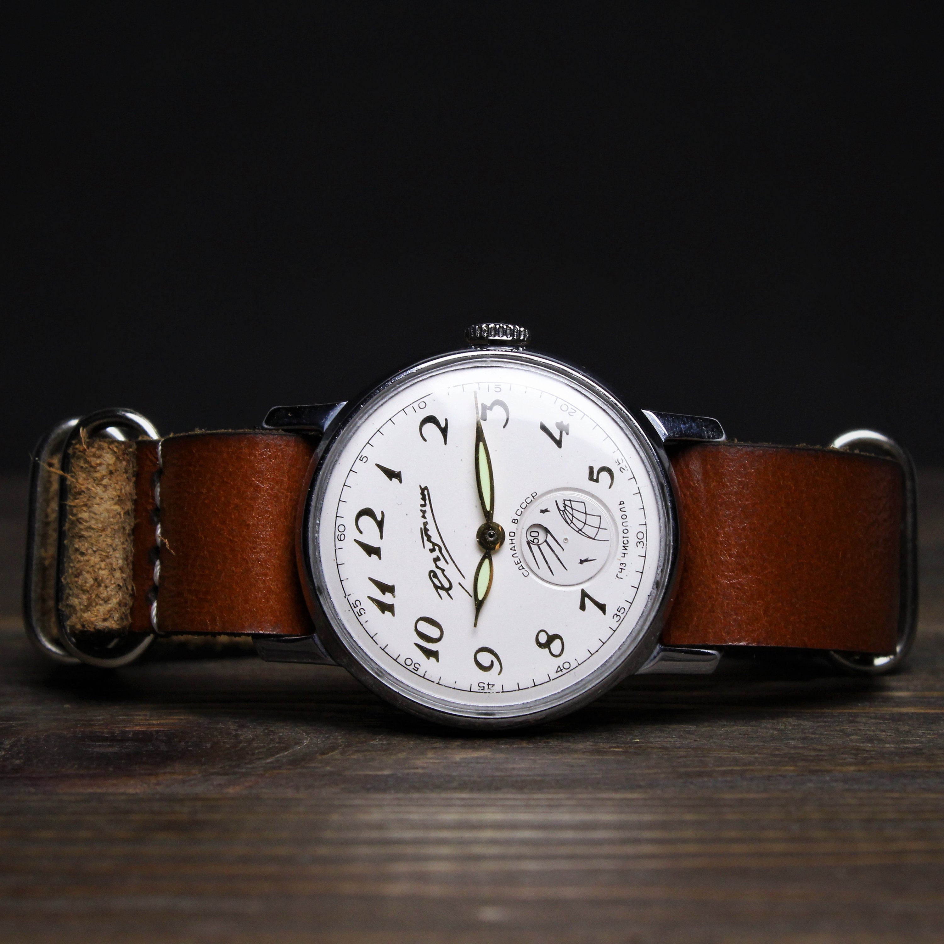 Very rare mechanical soviet vintage wrist watch for men Sputnik with leather nato strap