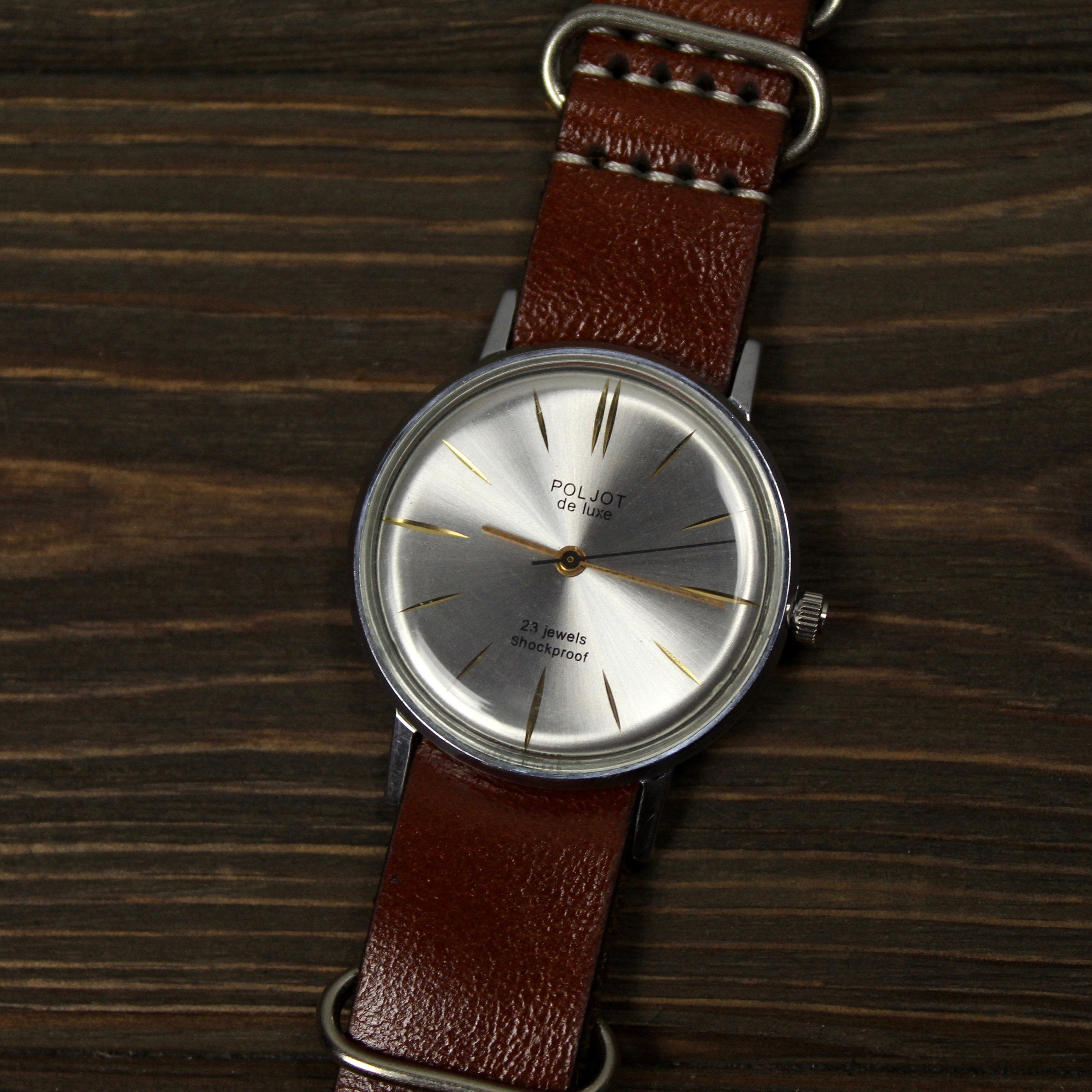 Vintage very rare soviet men's wrist watch Poljot de luxe with leather nato strap