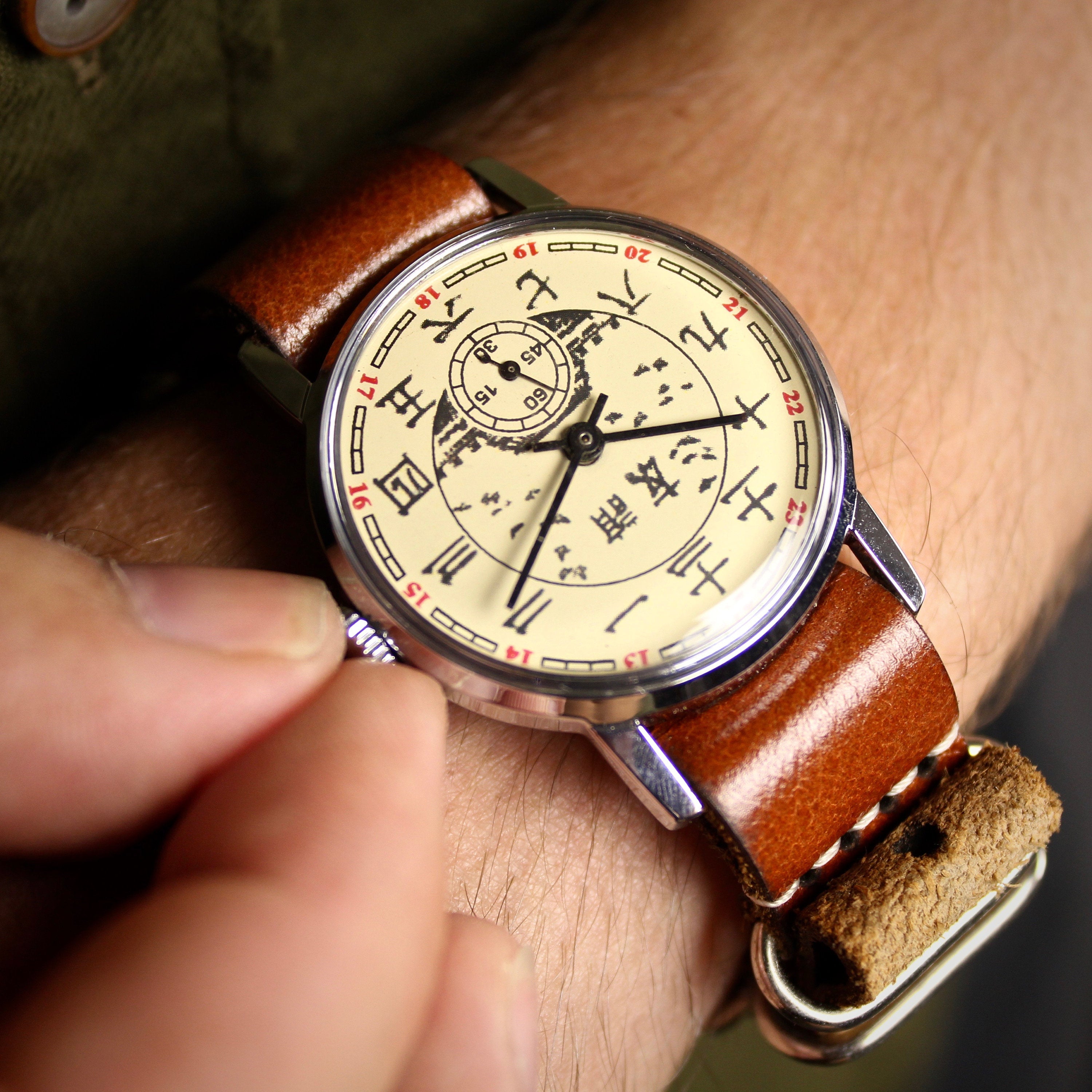 Very rare soviet vintage men's wrist watch Wostok with leather nato strap