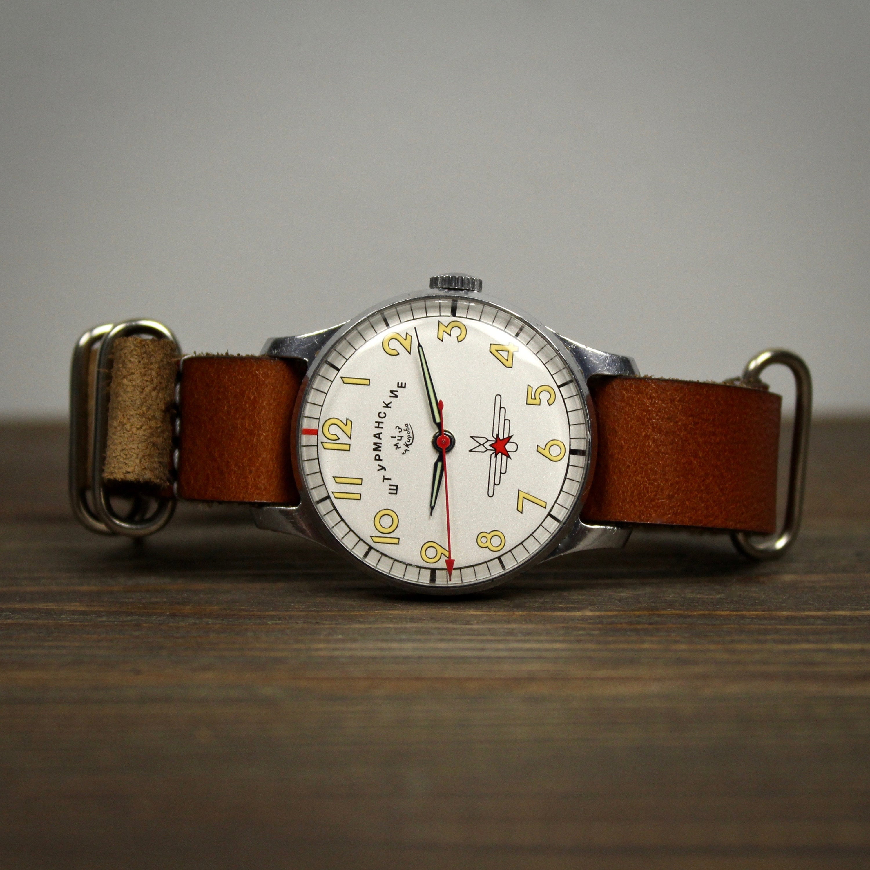 Very rare soviet mechanical vintage wrist watch for men Shturmanskie with leather nato strap
