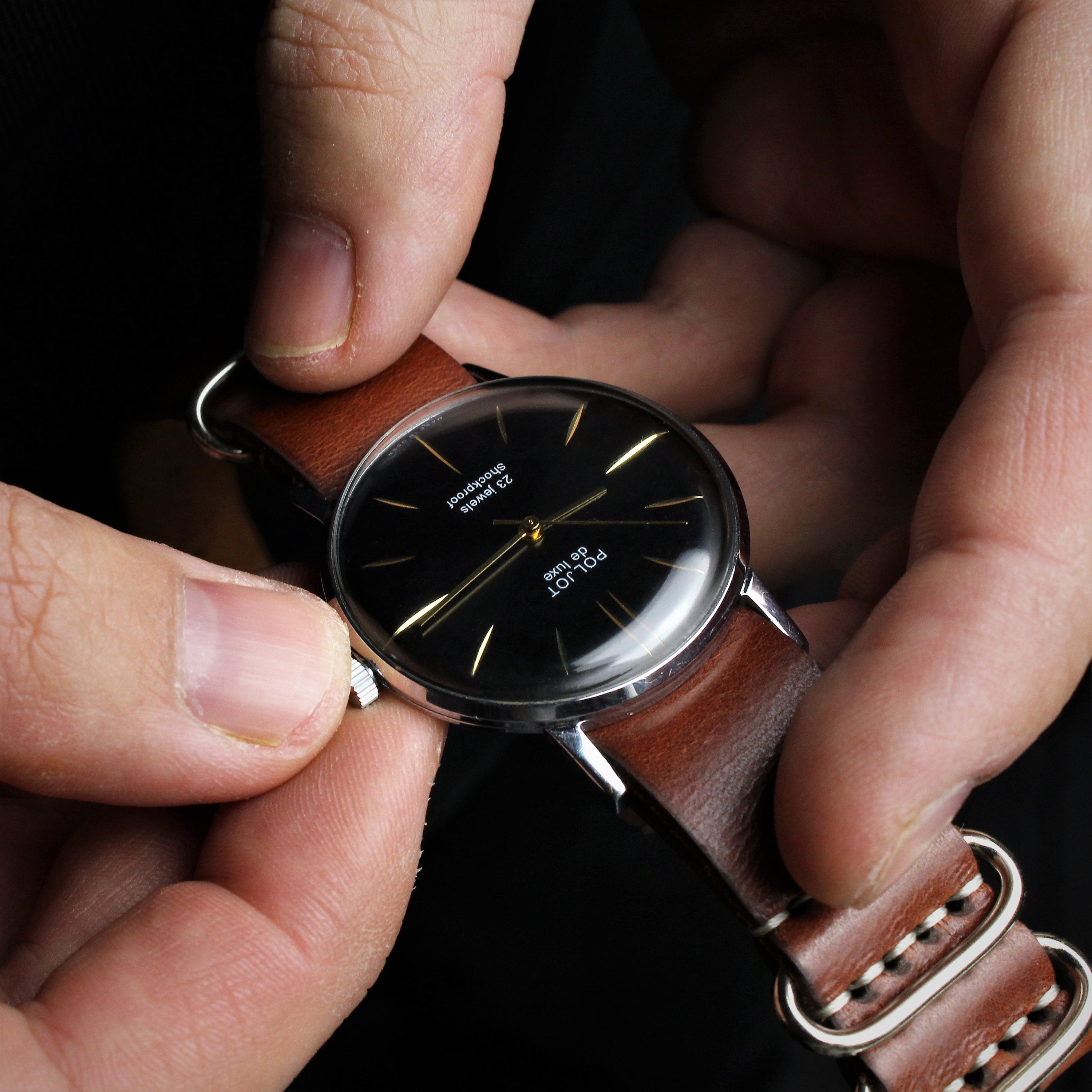 Vintage very rare men's soviet mechanical watch Poljot de luxe with leather nato strap