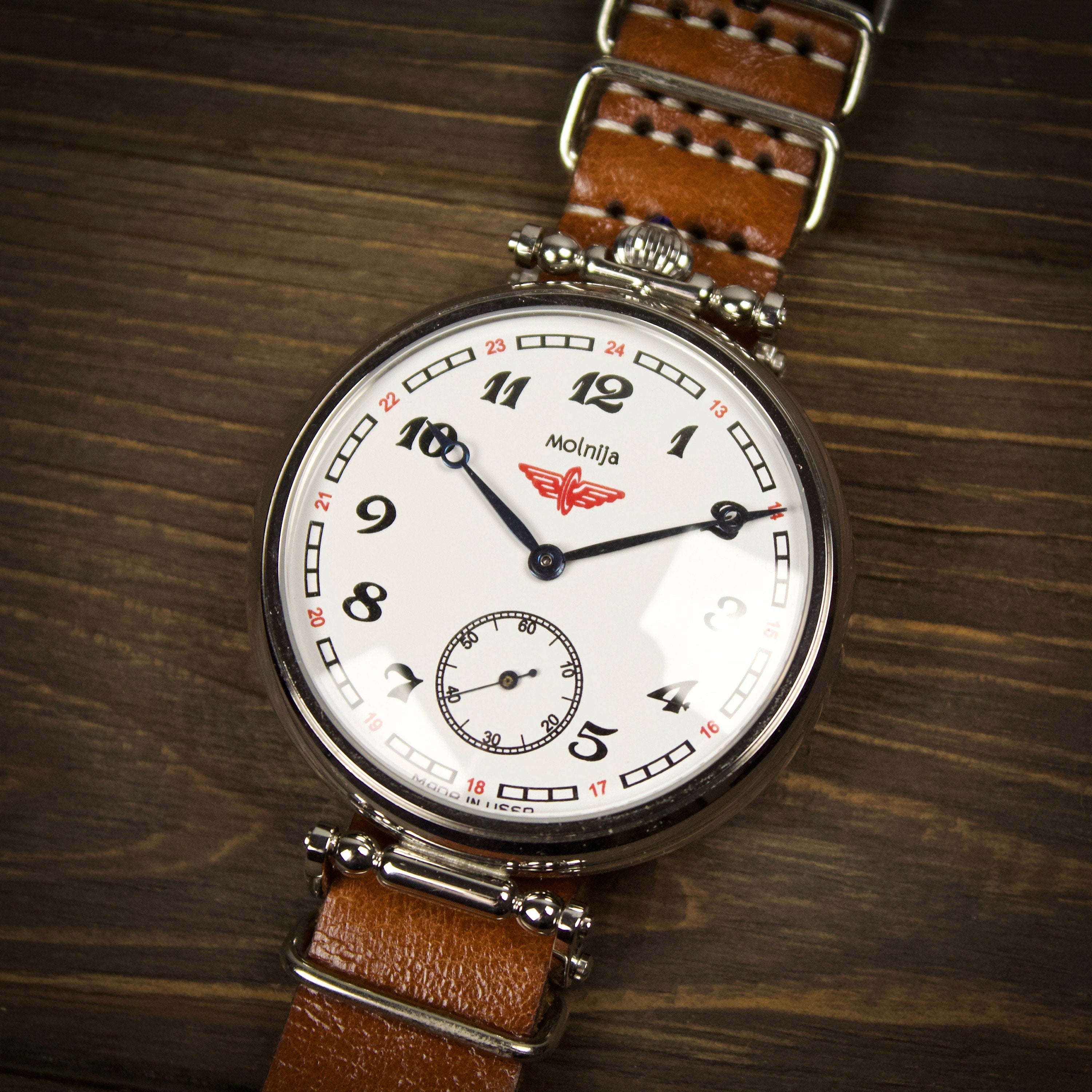 Very rare soviet vintage watch for men Molnija with leather nato strap