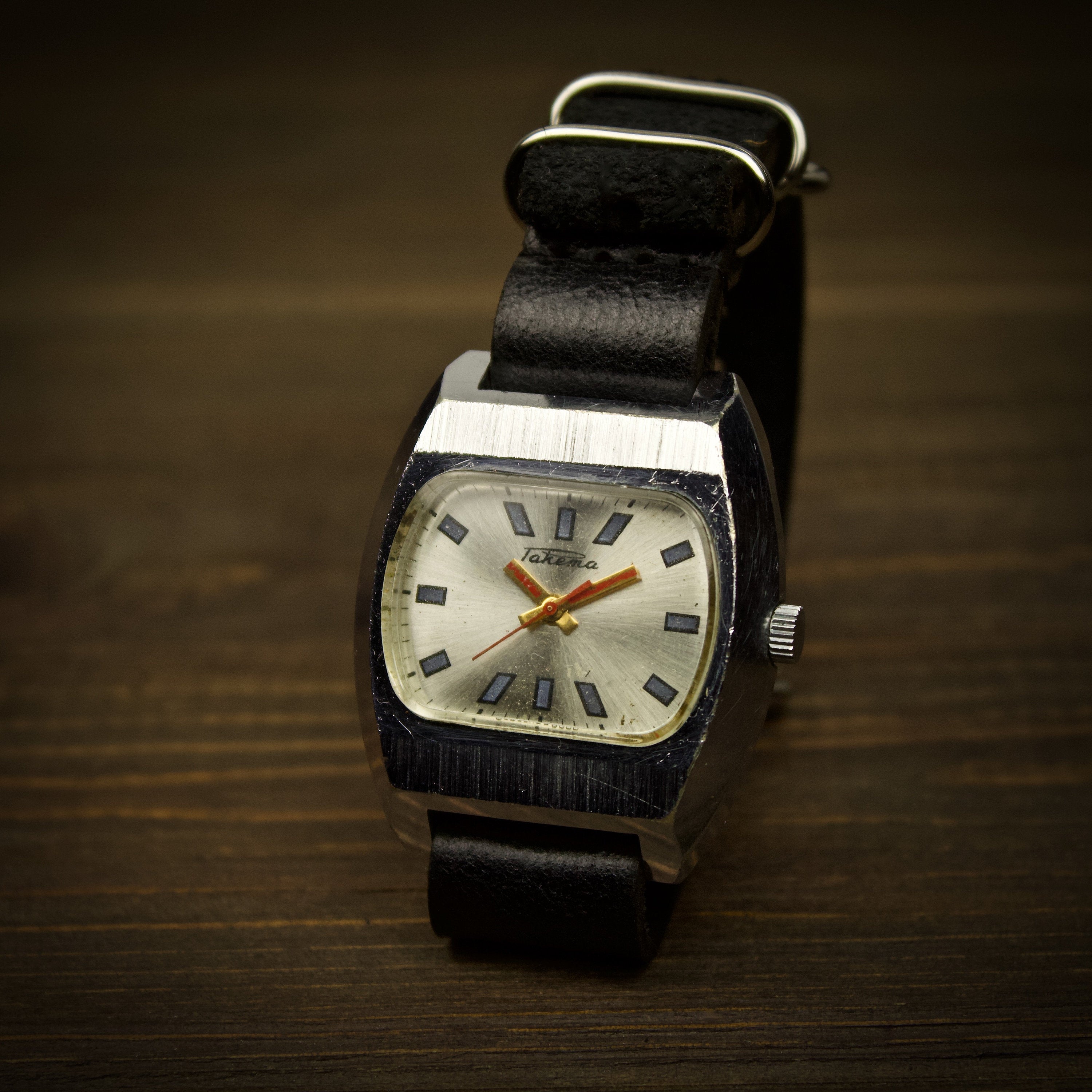Vintage soviet men's mechanical watch Raketa with leather nato strap