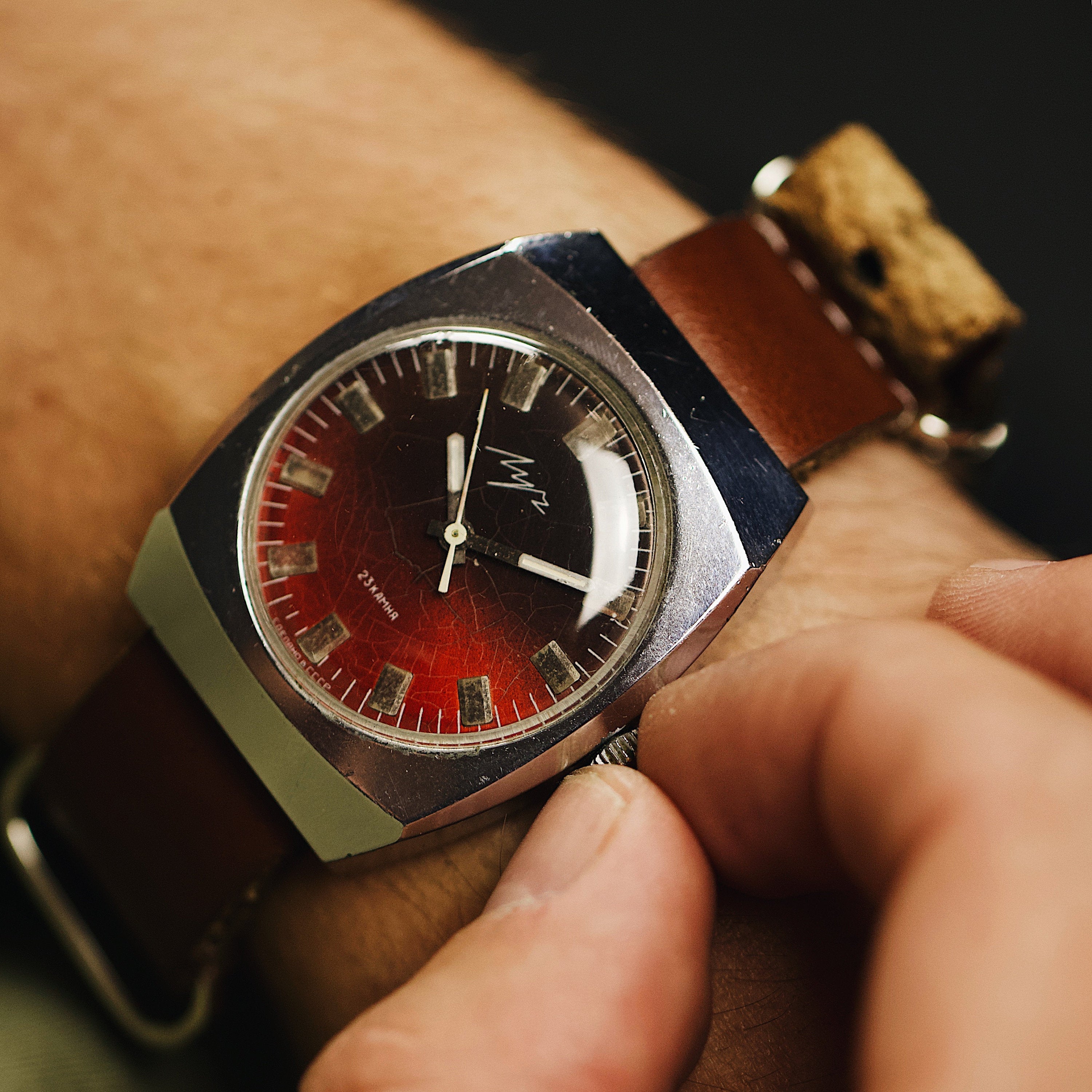 Vintage soviet rare men's wrist watch Luch with leather nato strap