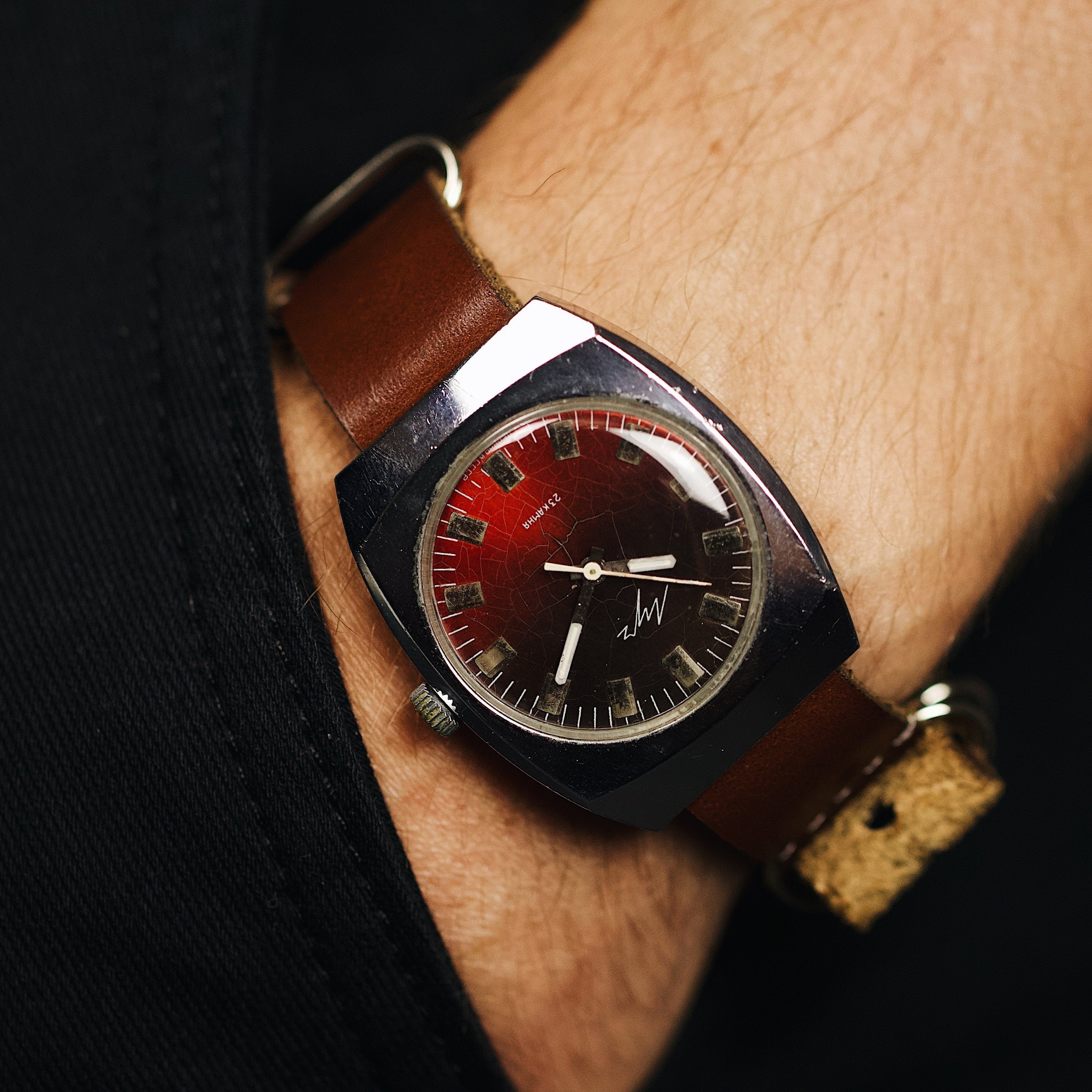 Vintage soviet rare men's wrist watch Luch with leather nato strap