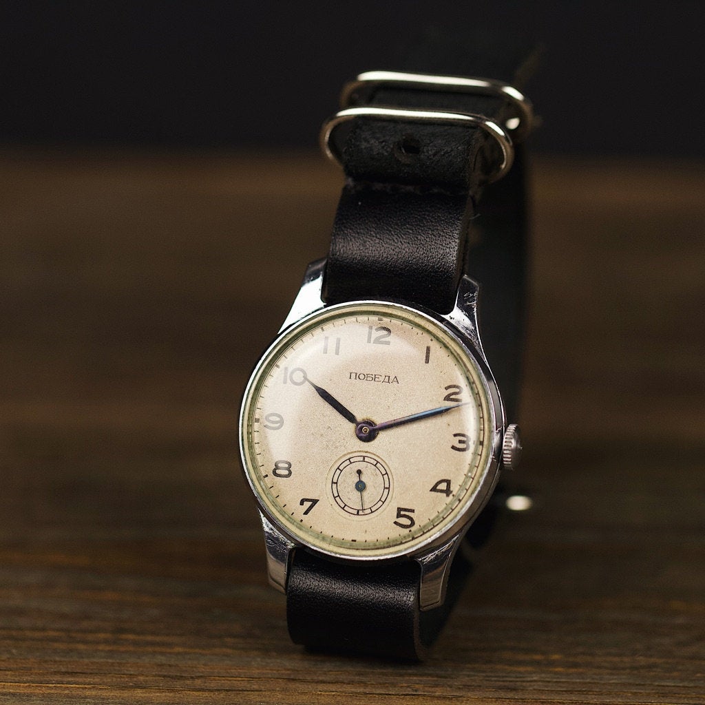 Very rare vintage collectible soviet mechanical men's watch Pobeda 1950 release with leather nato strap