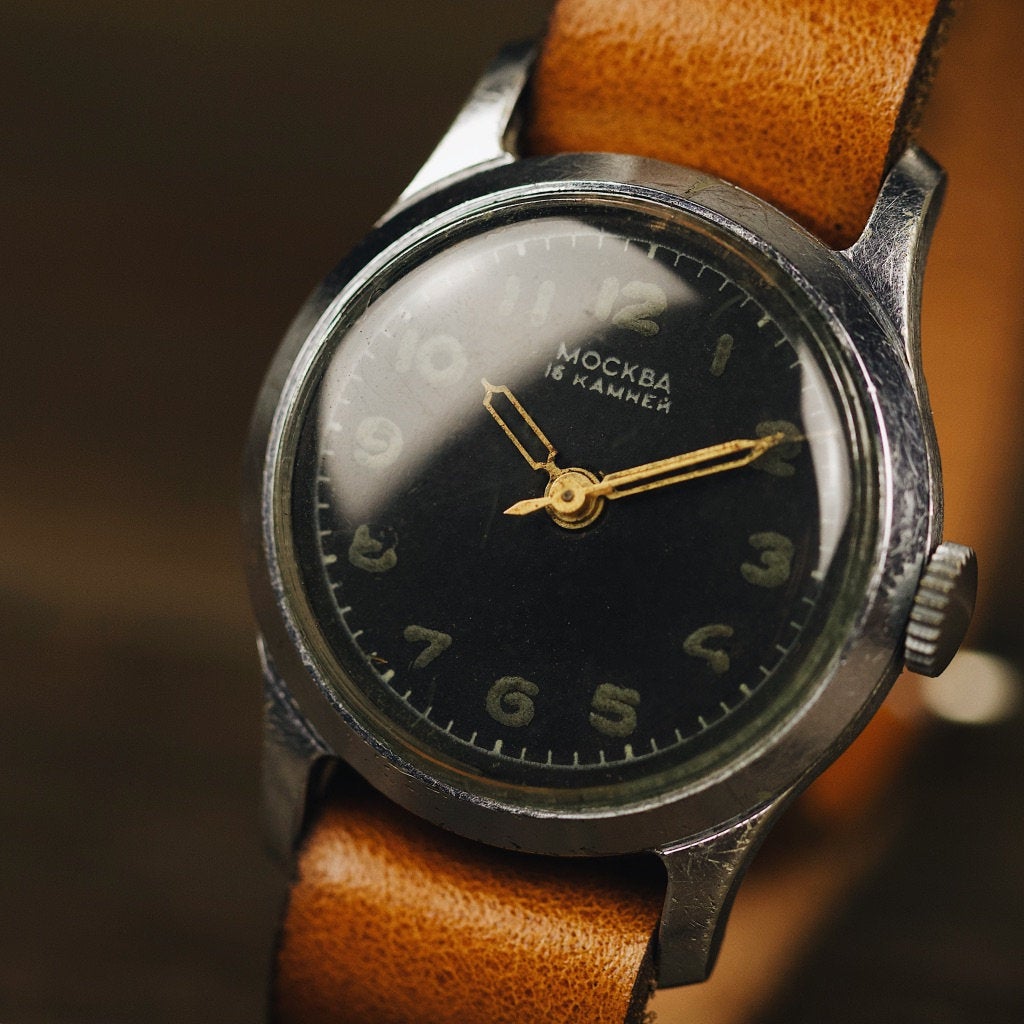 Rare vintage soviet men's wrist watch Moscow with leather nato strap