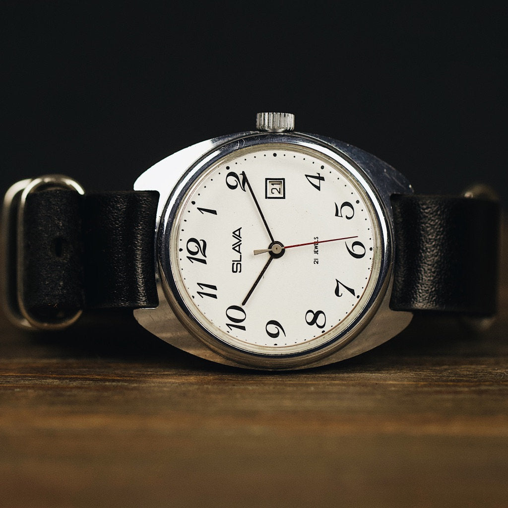Vintage rare soviet men's wrist watch "Slava" 26 jewels with leather nato strap