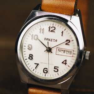 Vintage soviet rare mechanical men's watch Raketa with leather nato strap