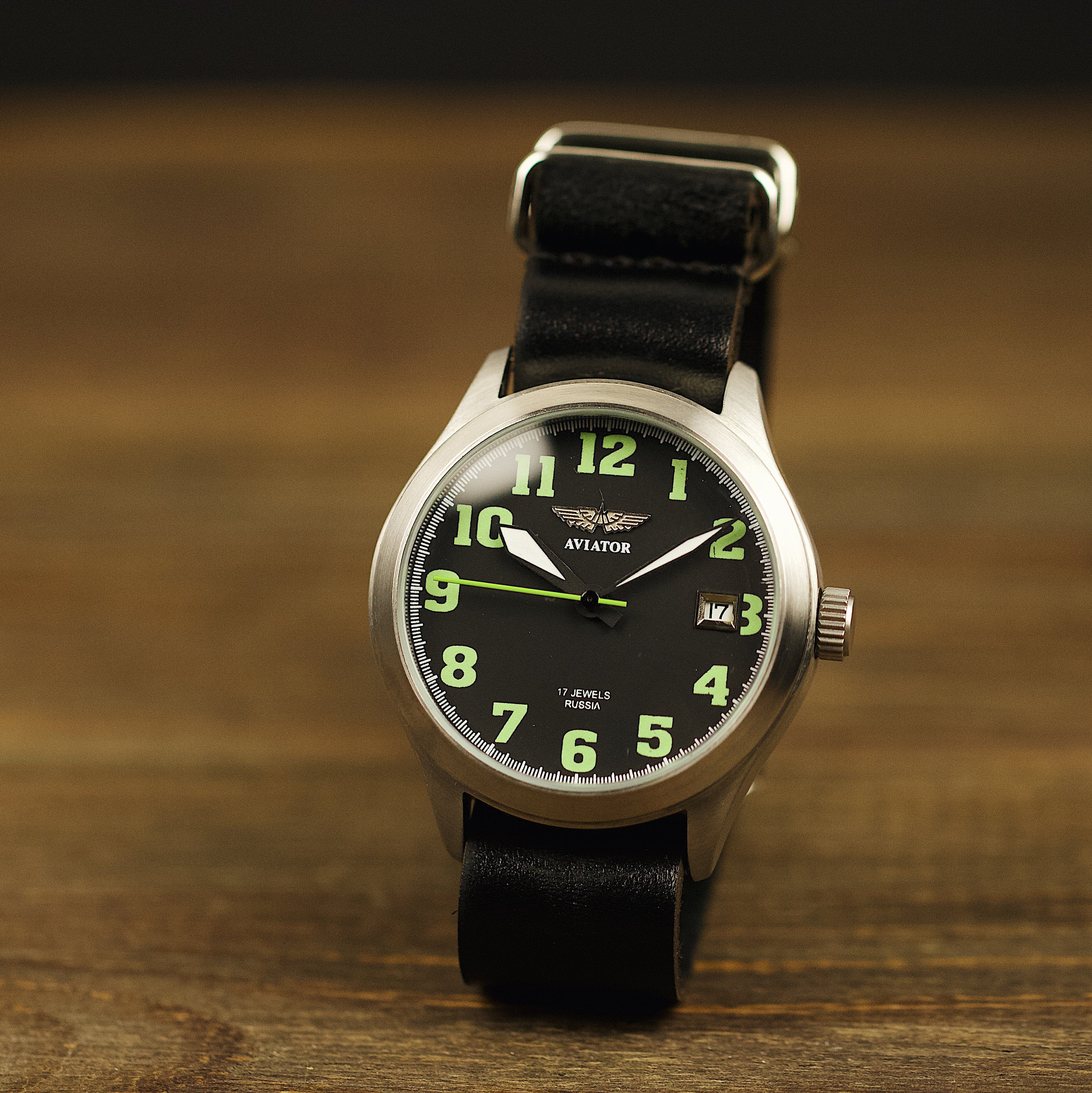 Vintage soviet men's wrist watch Aviator with leather nato strap