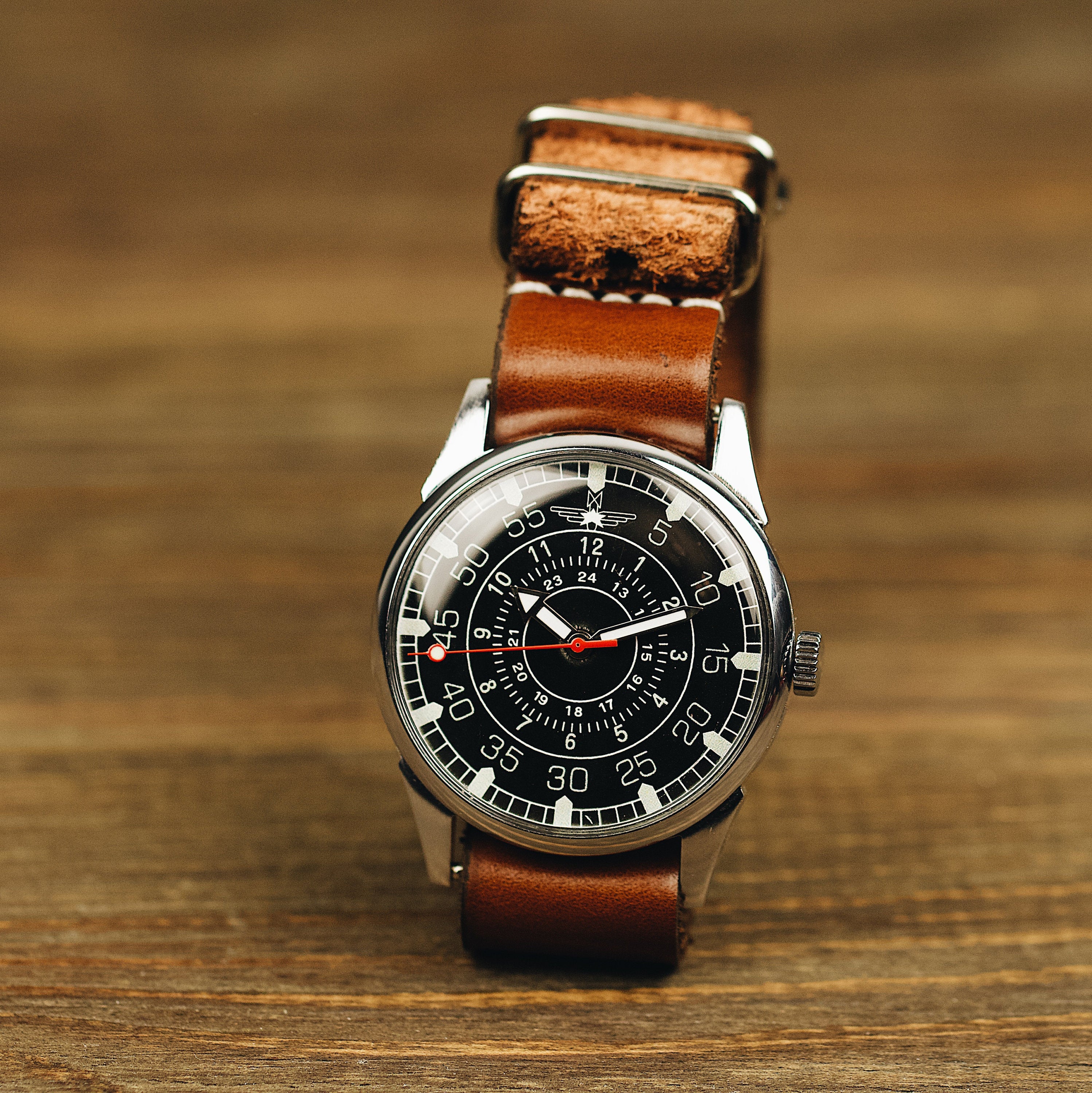 Vintage soviet very rare men's watch Aviator with leather nato strap 