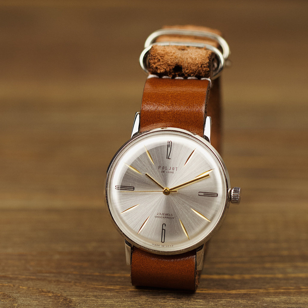 Rare vintage soviet men's wrist watch Poljot de luxe with leather nato strap