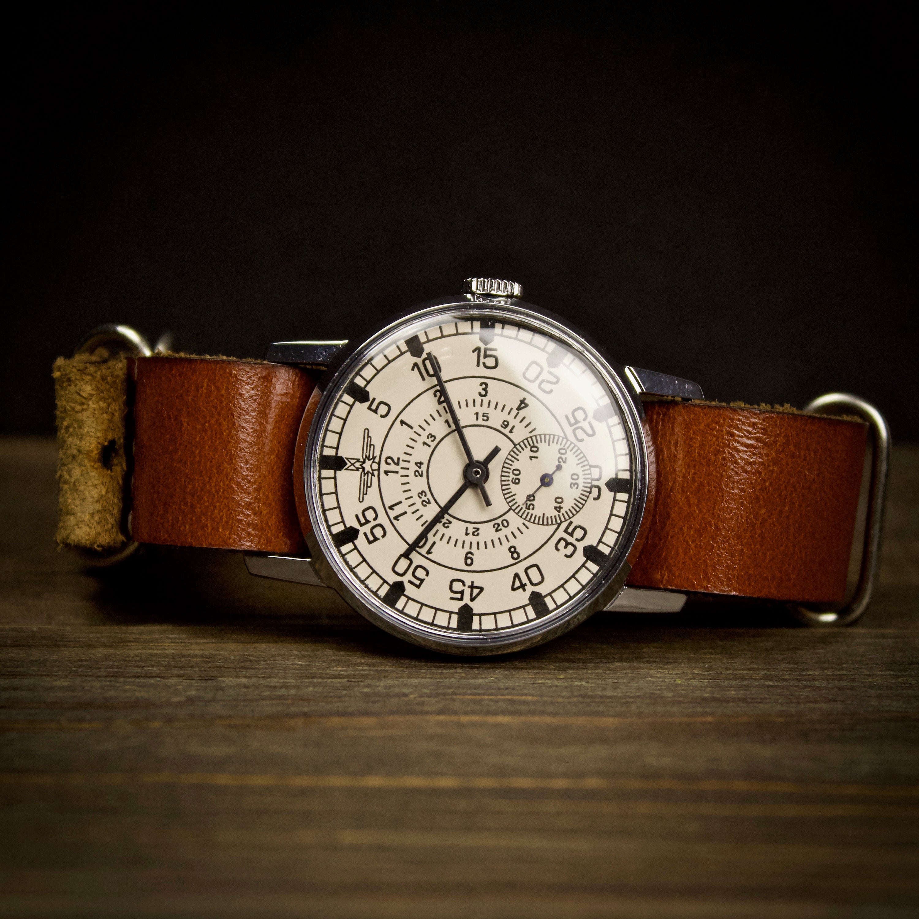 Men's mechanical vintage soviet watch Aviator with leather nato strap