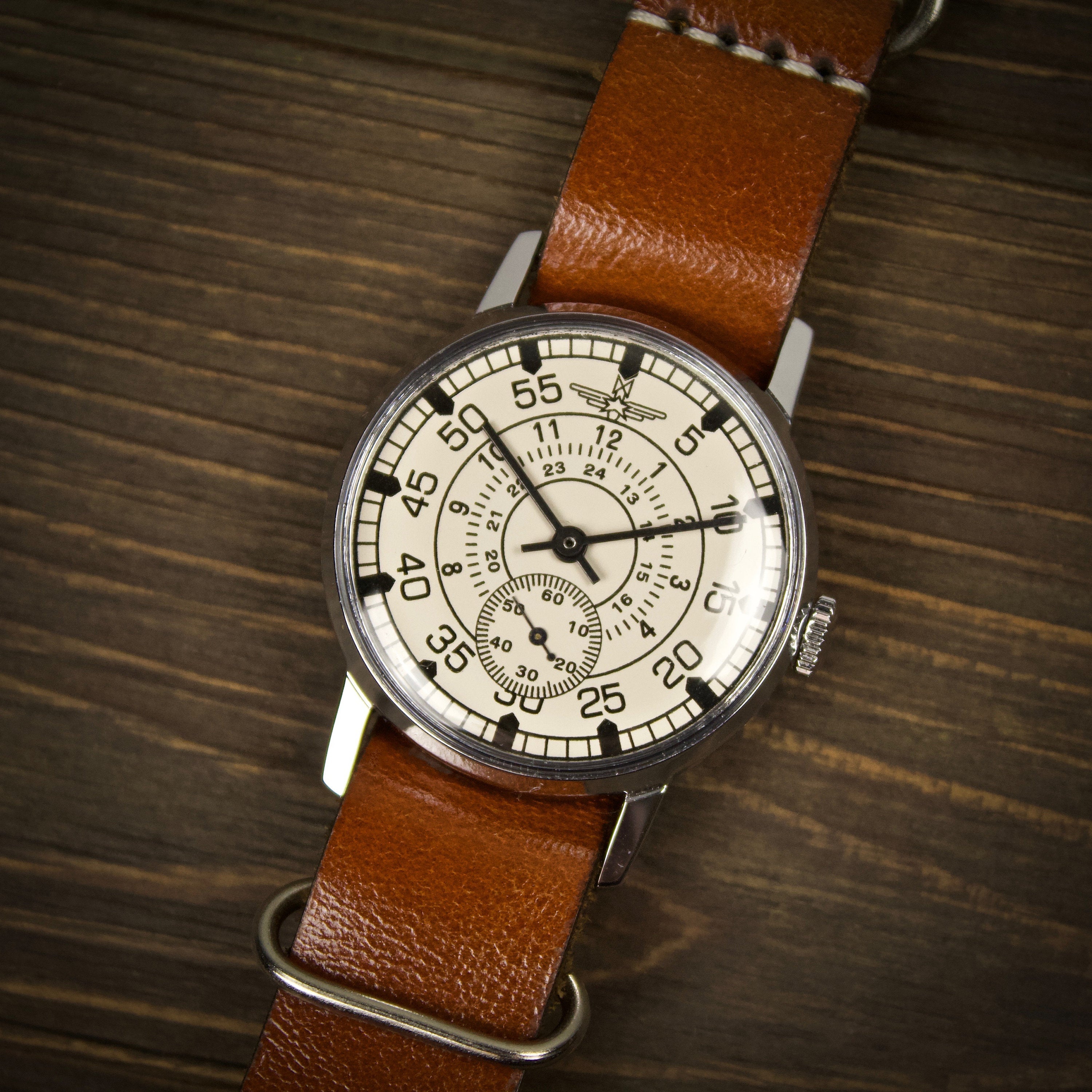 Men's mechanical vintage soviet watch Aviator with leather nato strap