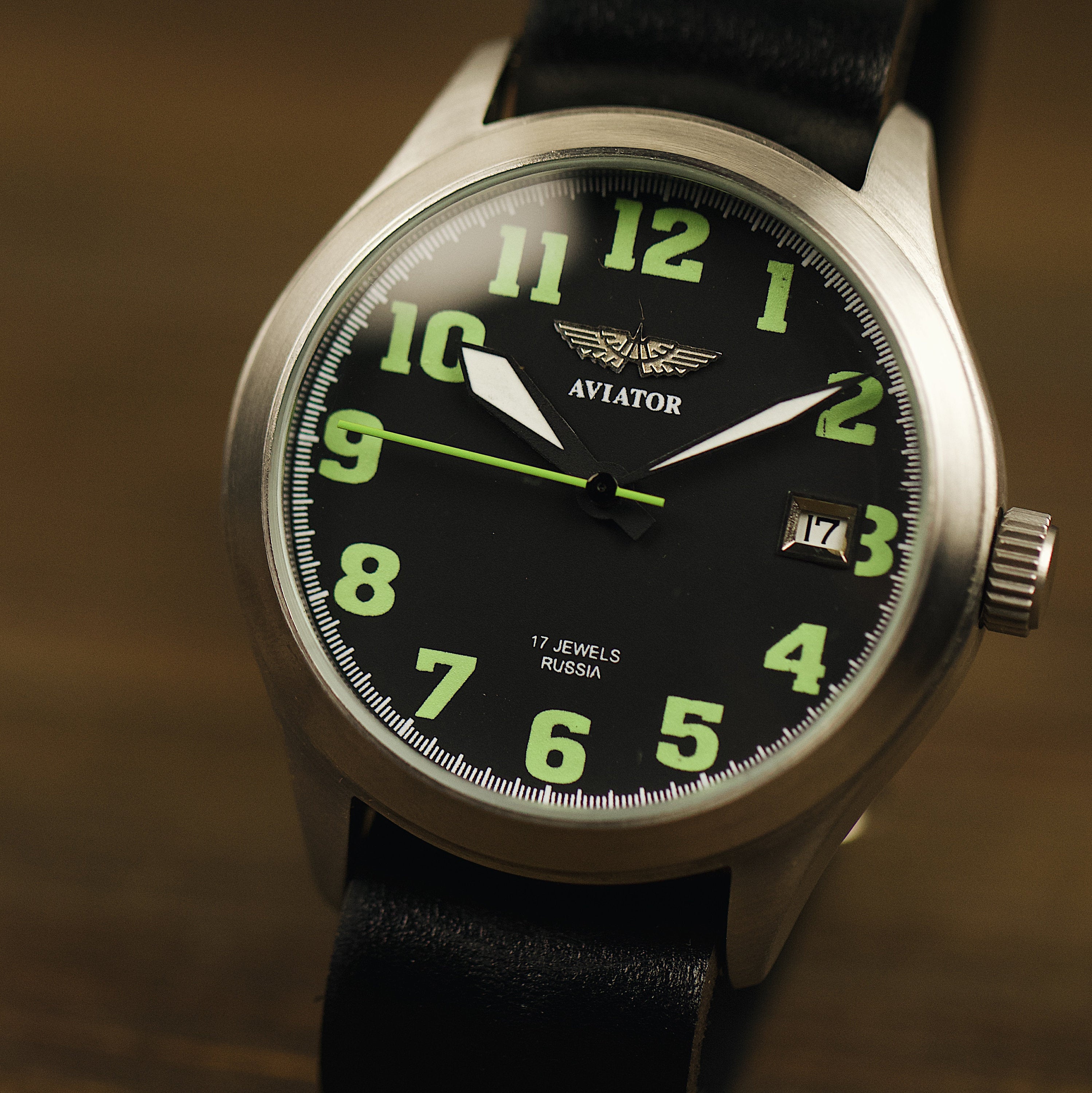 Vintage soviet men's wrist watch Aviator with leather nato strap