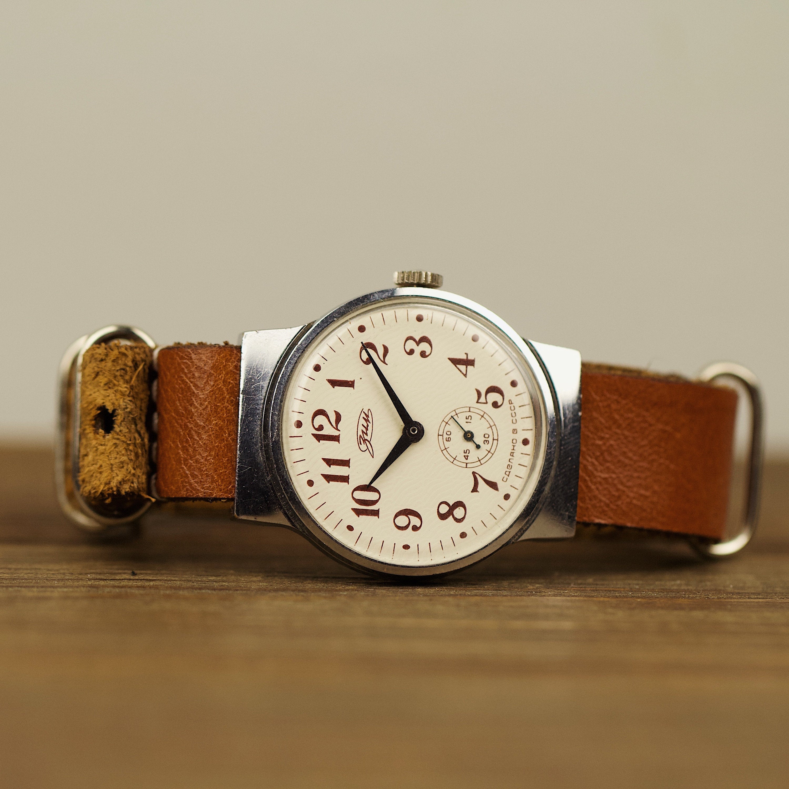 Very rare men's soviet vintage wrist watch Zim with leather nato strap