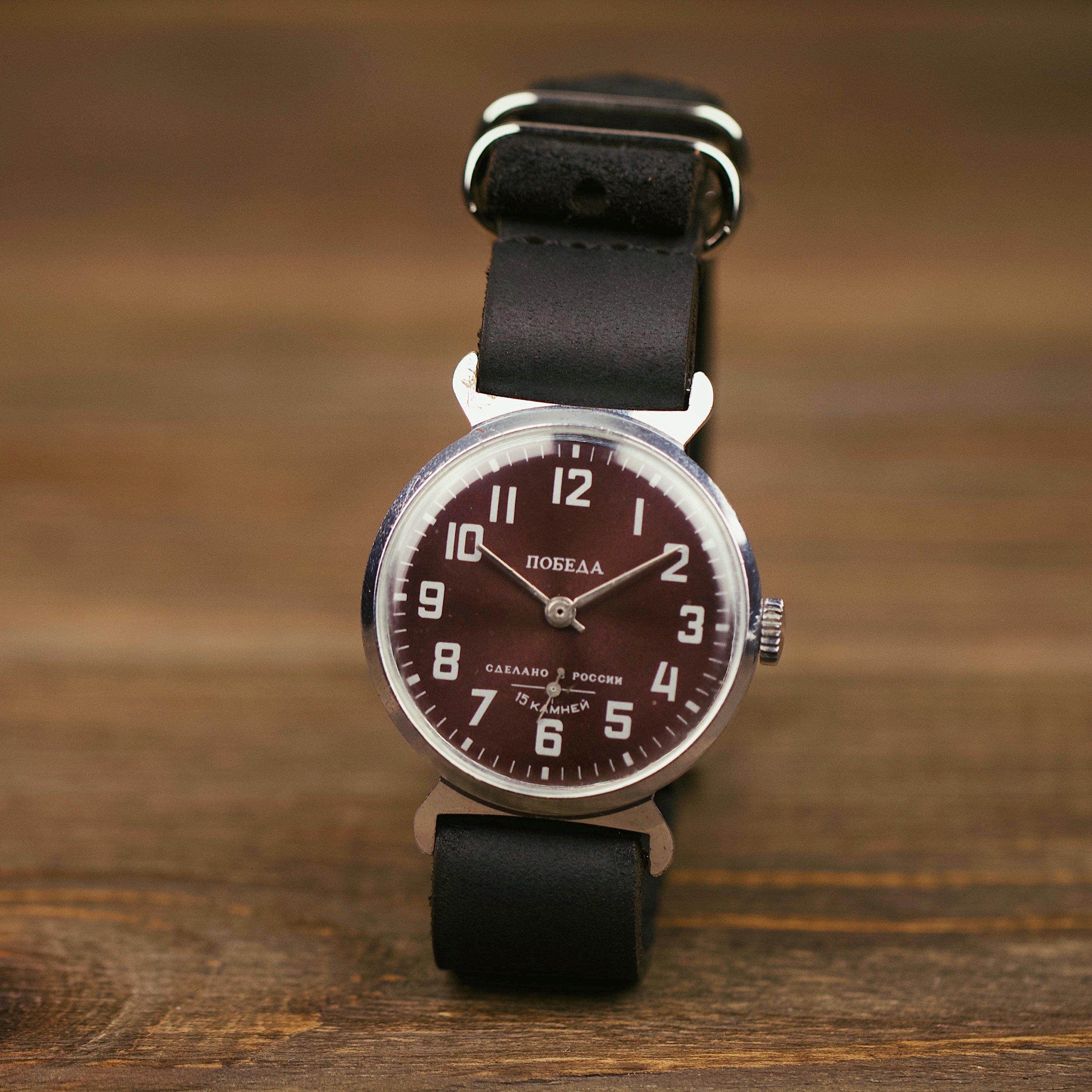 Rare men's soviet vintage wrist watch Pobeda with leather nato strap