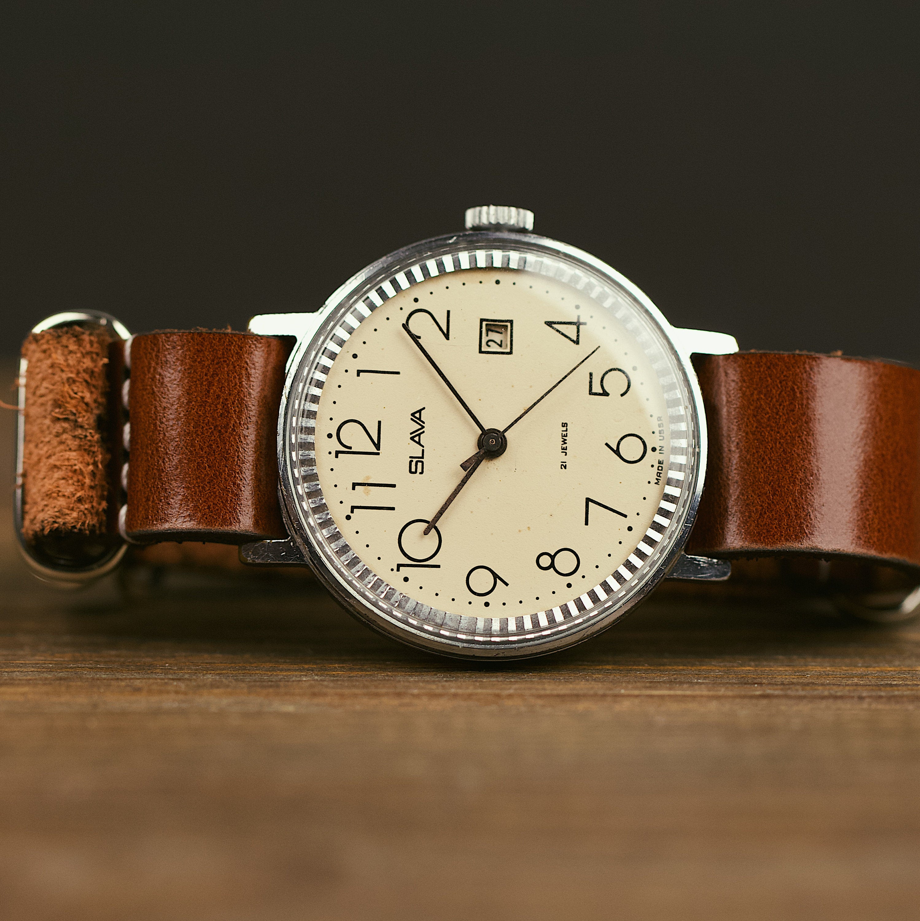 Rare vintage soviet men's wrist watch ''Slava" 26 jewels with leather nato strap