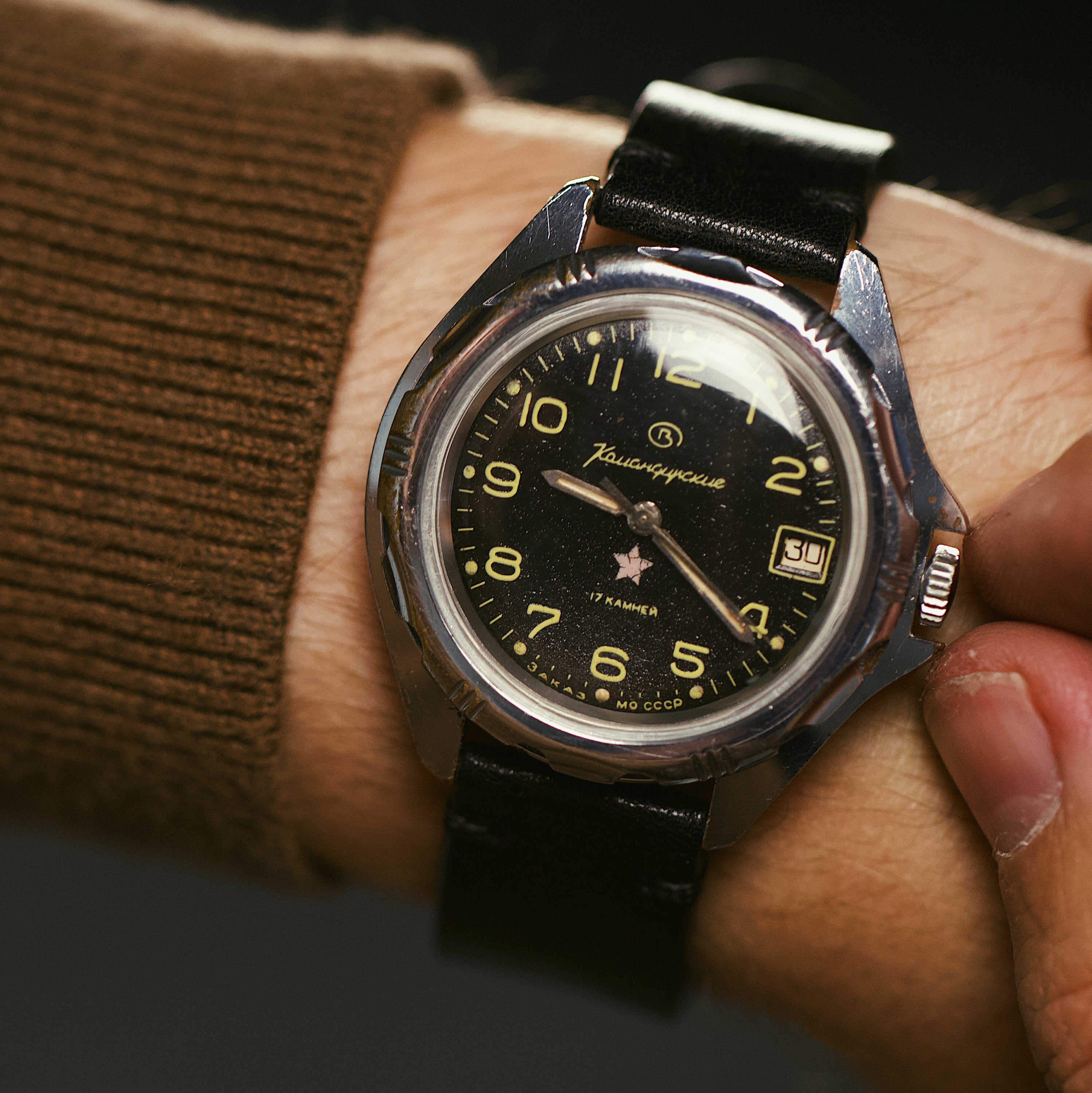 Soviet vintage men's wrist watch for men VOSTOK - Komandirskie with leather nato strap