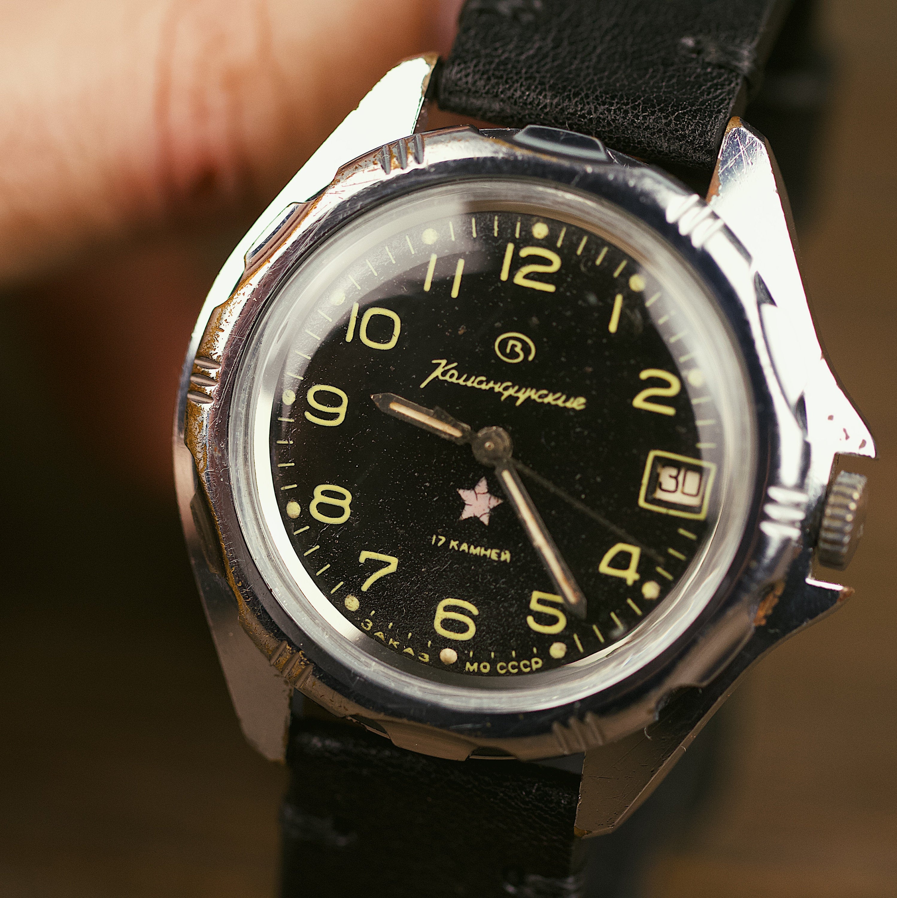 Soviet vintage men's wrist watch for men VOSTOK - Komandirskie with leather nato strap