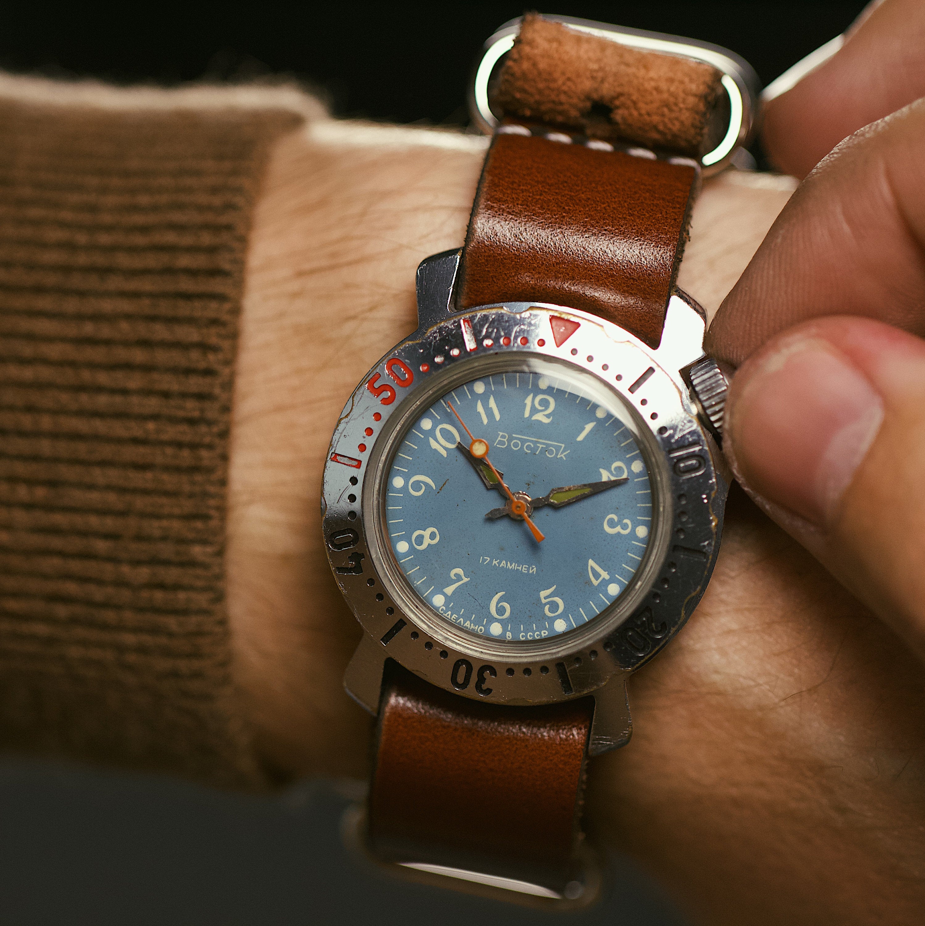 Vintage waterproof military soviet men's wrist watch VOSTOK - Komandirskie with leather nato strap