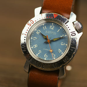Vintage waterproof military soviet men's wrist watch VOSTOK - Komandirskie with leather nato strap