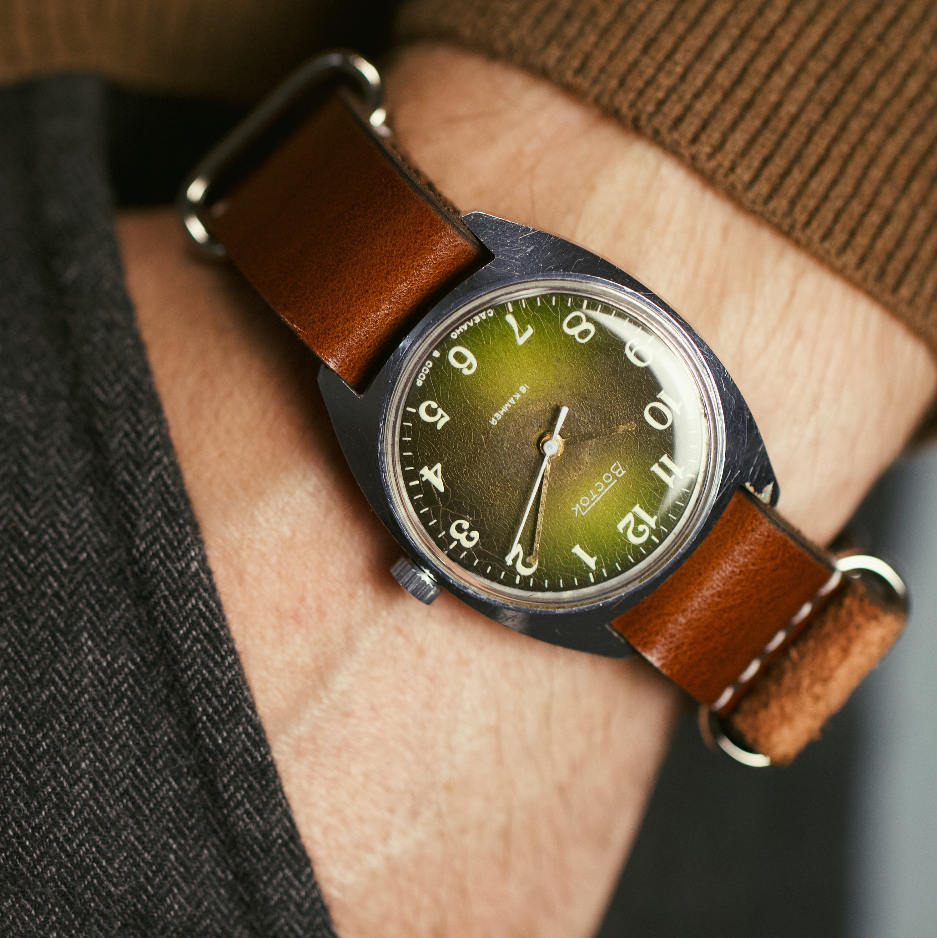 Mechanical soviet vintage men's rare watch Vostok with leather nato strap