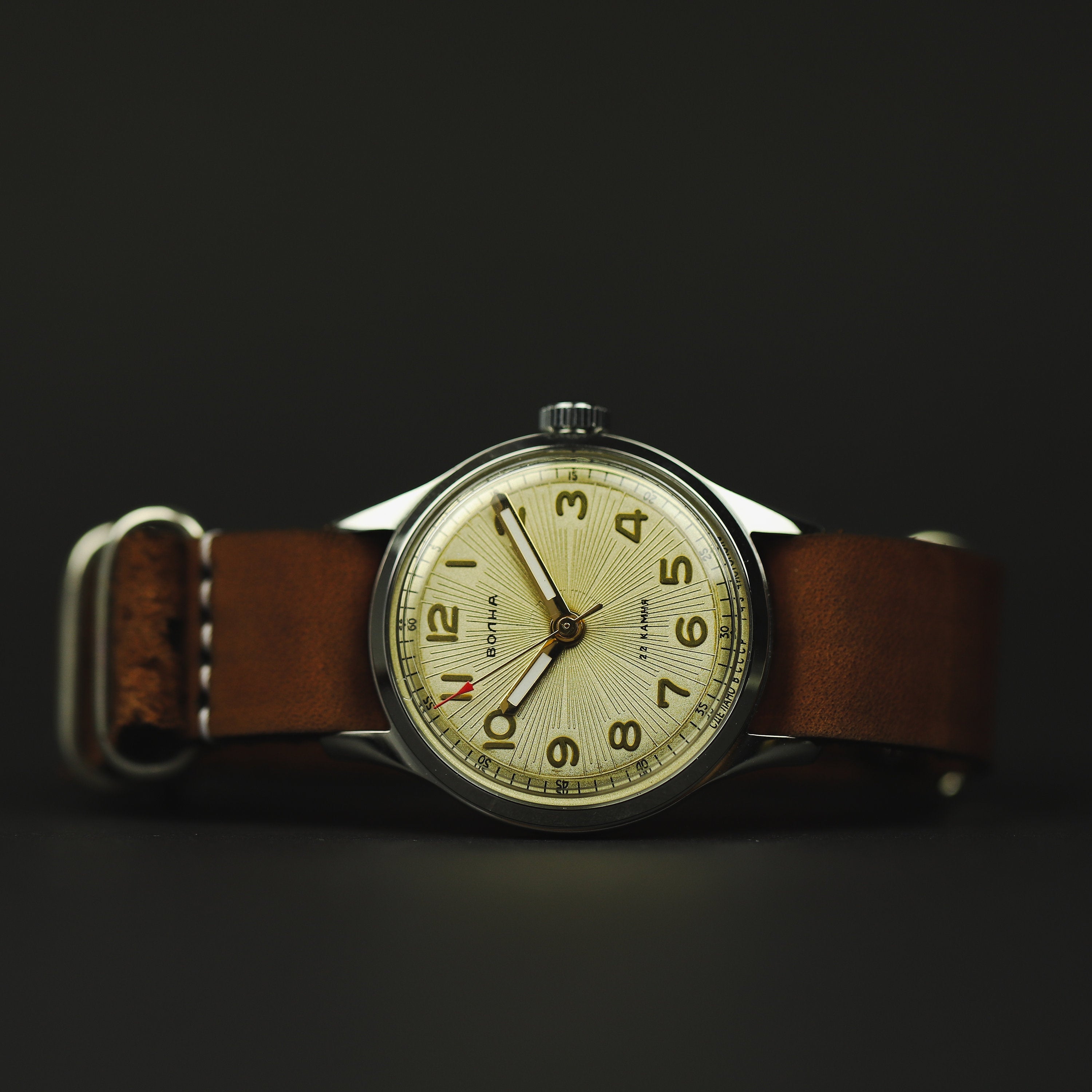 Vintage soviet wristwatch WAVE of 1950 release. Mechanical watch with handmade leather strap