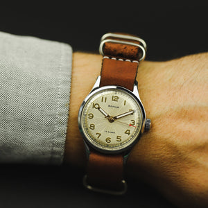 Vintage soviet wristwatch WAVE of 1950 release. Mechanical watch with handmade leather strap