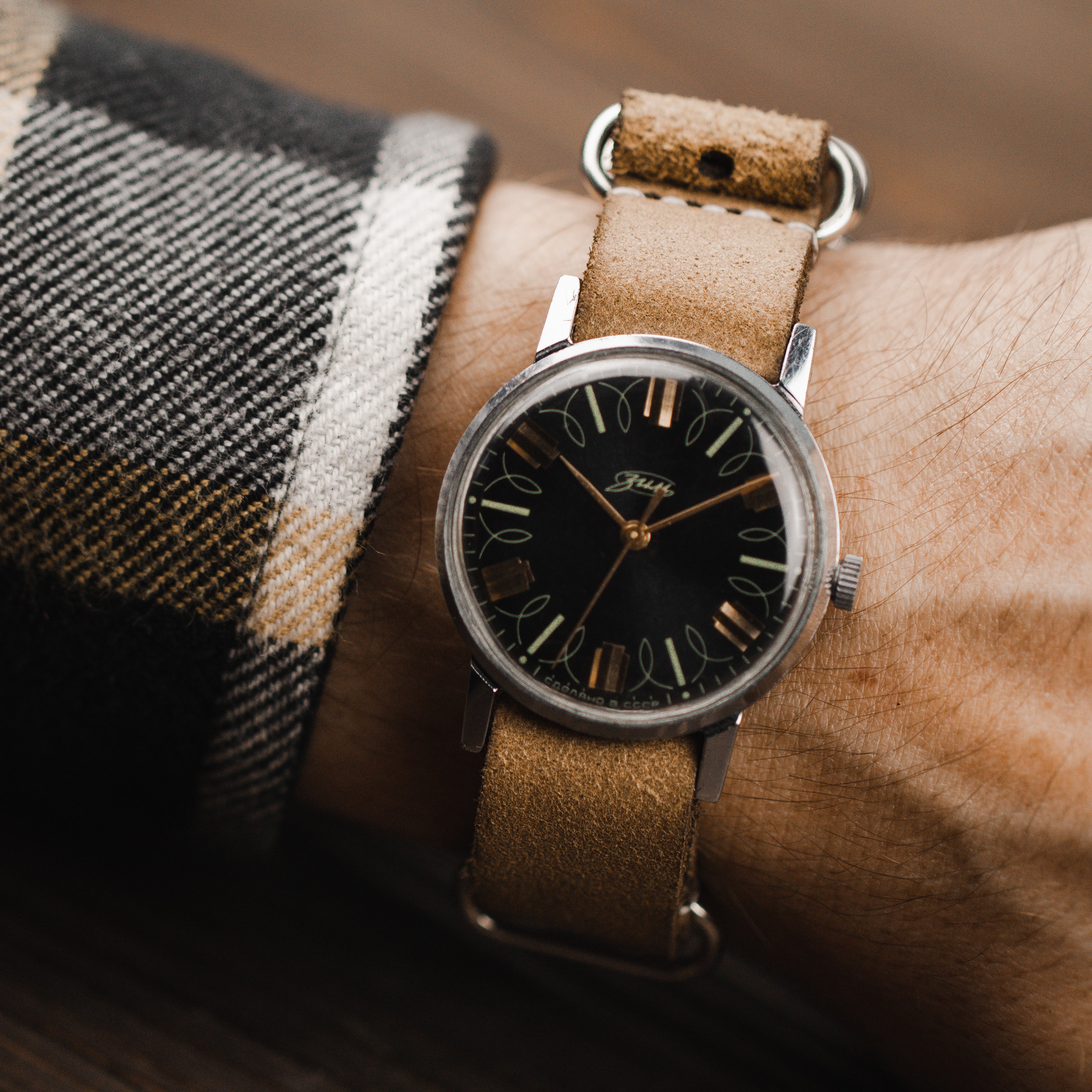 Rare soviet vintage men's wrist watch ZIM with leather nato strap