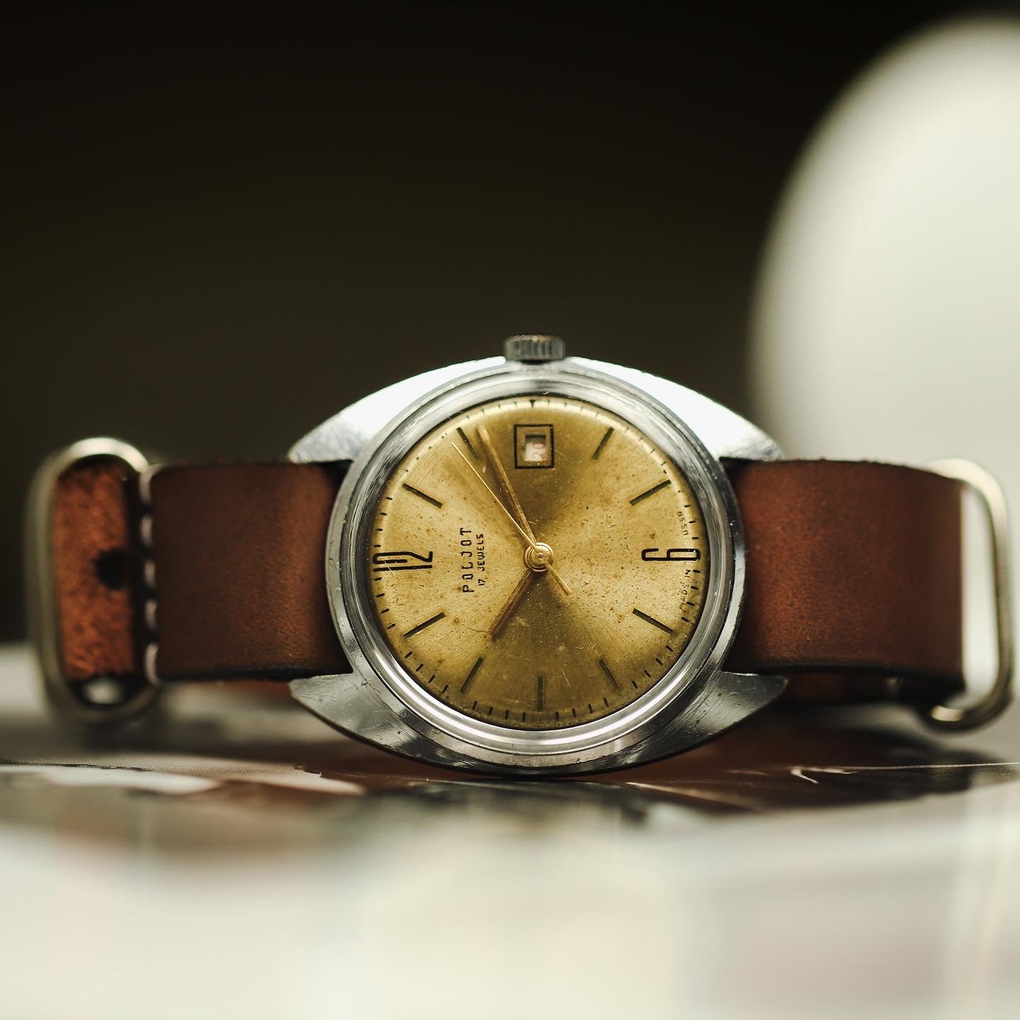 Ultra rare men's vintage soviet wrist watch Poljot with leather nato strap