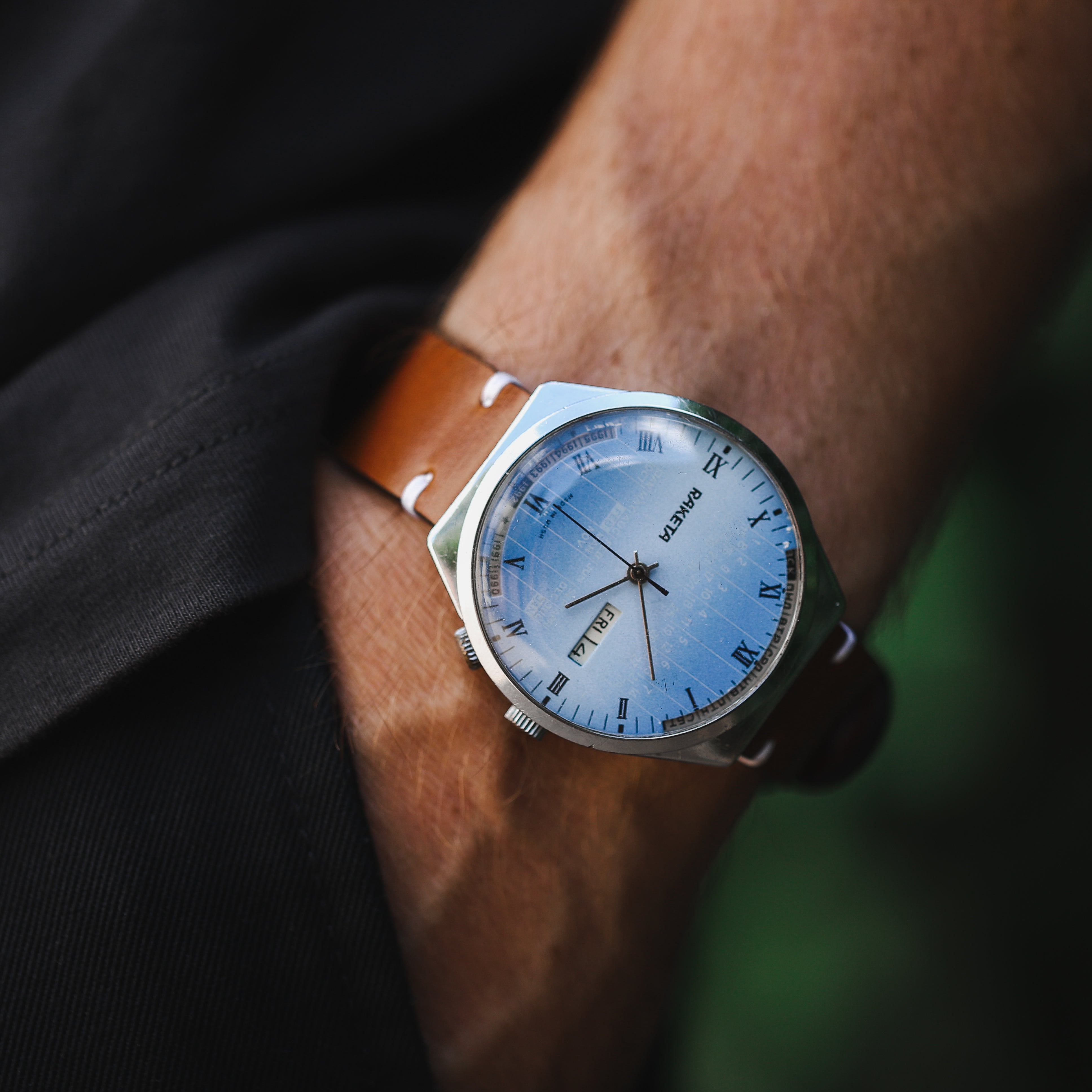 Men's mechanical vintage soviet wrist watch Raketa with leather nato strap