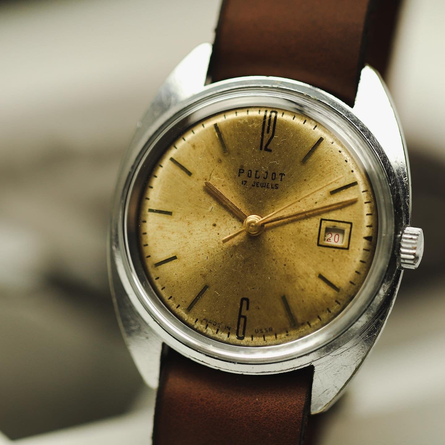 Ultra rare men's vintage soviet wrist watch Poljot with leather nato strap